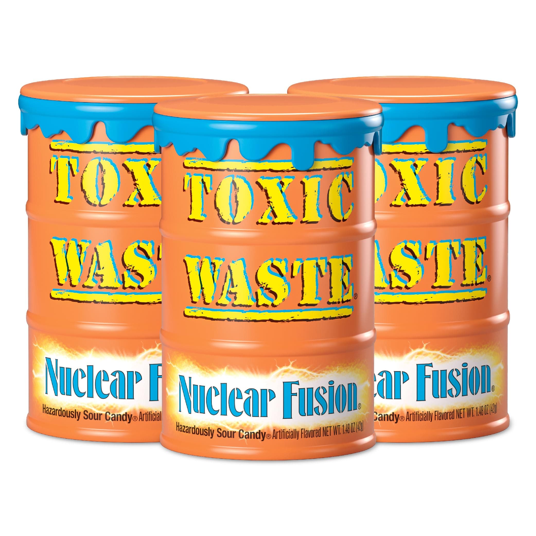 Nuclear Fusion Hazardously Sour Candy - Raspberry-Lemon, Pineapple-Passionfruit, Grape-Strawberry, Banana-Blueberry, & Orange-Apple Flavors - 1.48 oz. Drums - 3 Pack