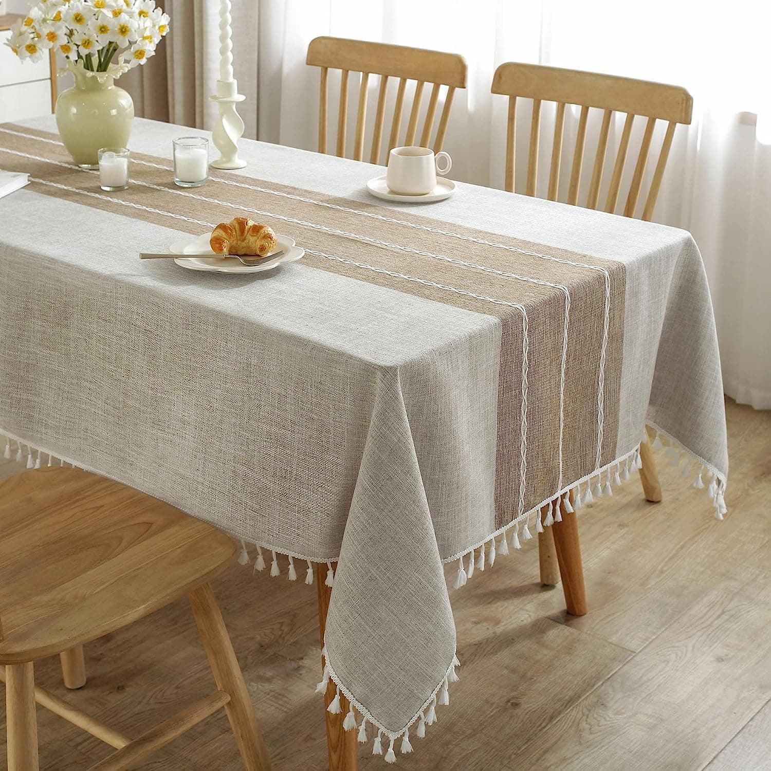 Rectangle Tablecloth Burlap Embroidery Linen Table Cloth Rustic Fabric Heavy Duty Rustic Embedded Table Runner Outdoor Tablecloths (140 x 260 cm, Coffee)