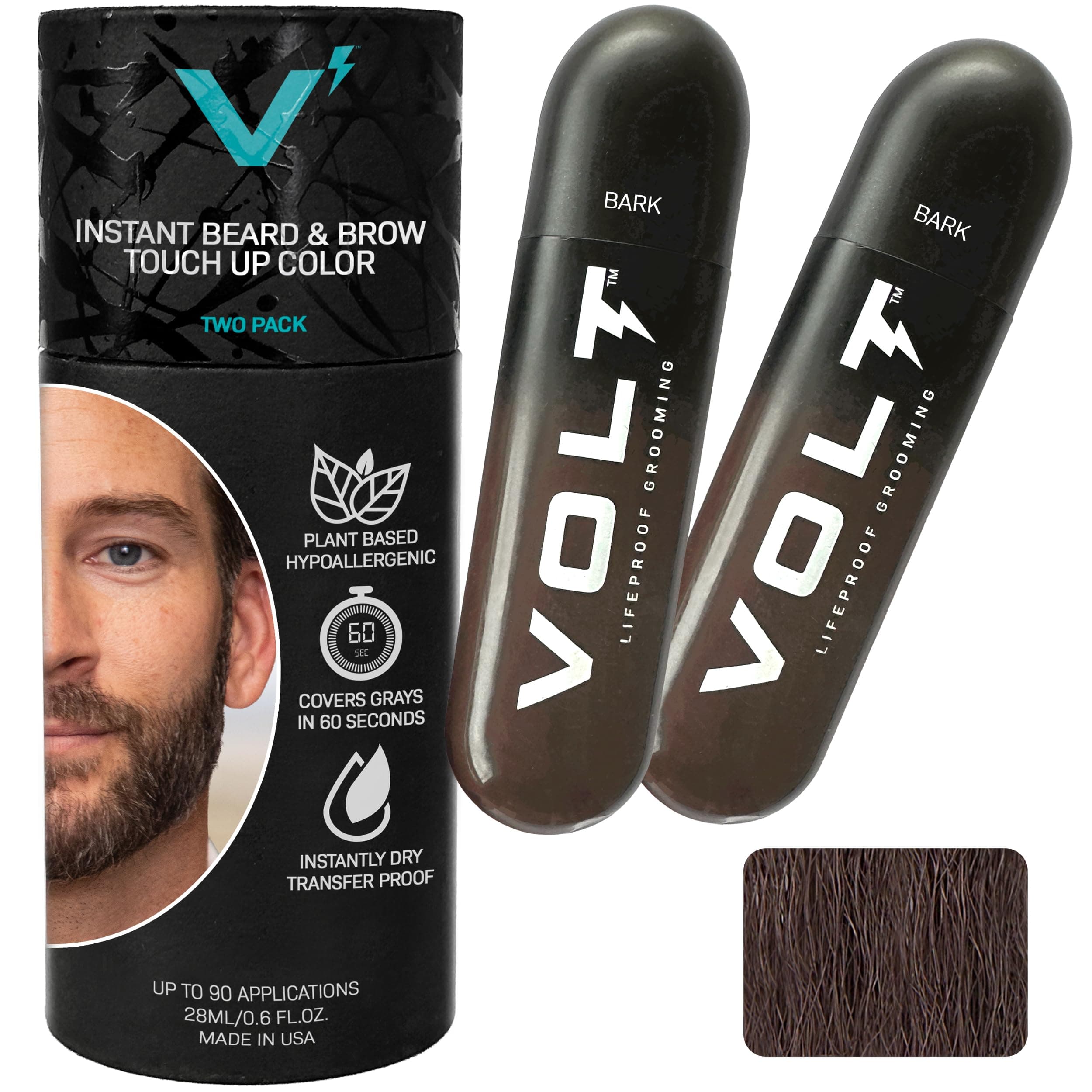 VOLT Grooming Temporary Instant Beard Color for Men Quick-Dry Plant-Based Brush On Beard, Hair, Mustache & Brow Color, For Sensitive Skin, Bark Dark Brown, 2-Pack Refill, 90+ Applications