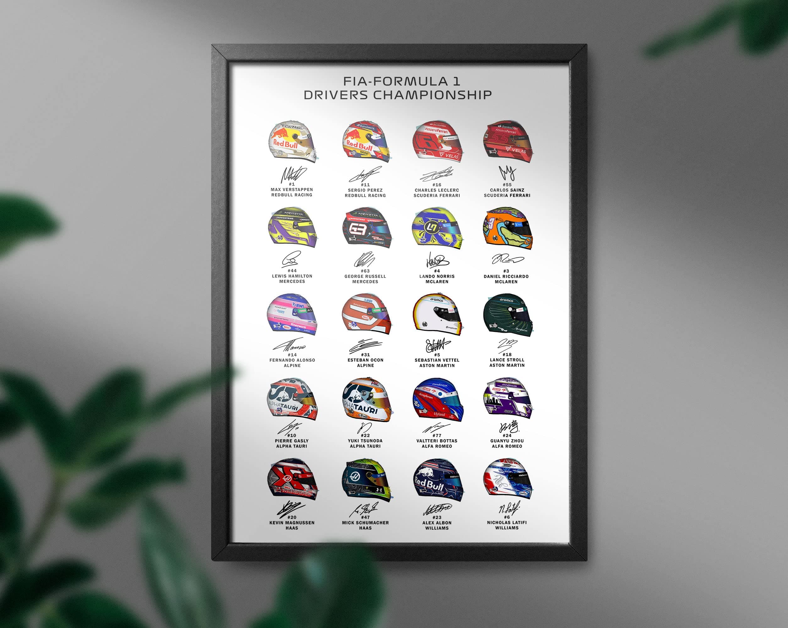 FRAMEO STORE Formula 1 driver helmets glass framed poster, Formula 1 wall art (A3 size - 12 X 18 Inches)
