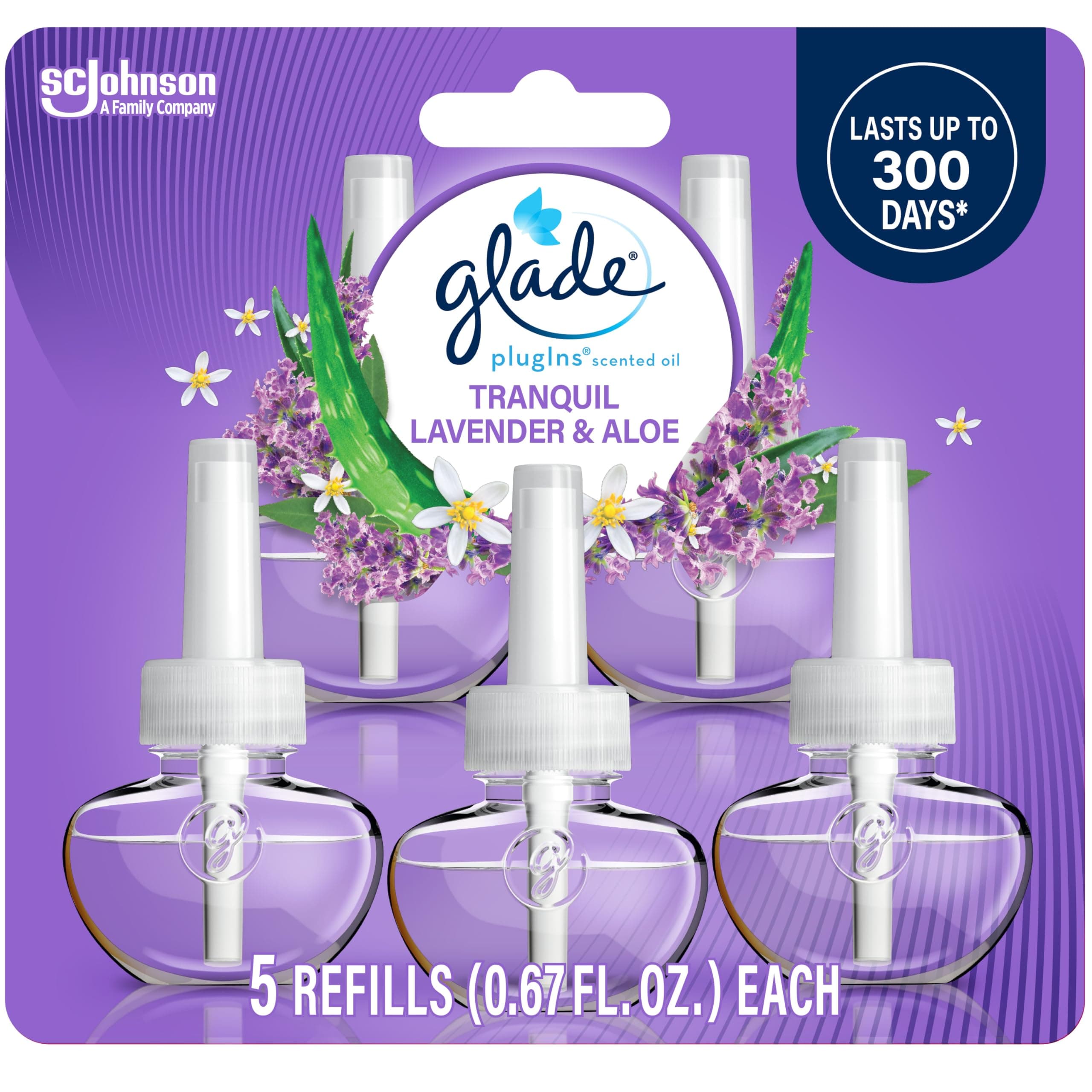 Glade Plugins Scented Oil Refills 5 Ct, Tranquil Lavender & Aloe, Plug in Air Freshener, 3.35 Fl Oz