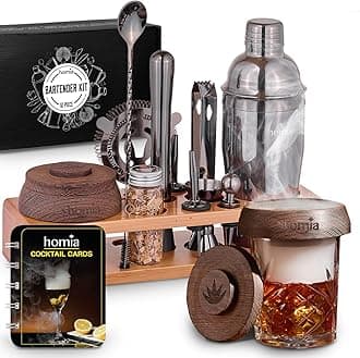 Bartender Kit with Whiskey Smoker - 13 pcs, Bamboo Stand - Bar Set with Cocktail Shaker, Bartending Kit with Essential Bar Accessory Tools, Wood Chips, Black