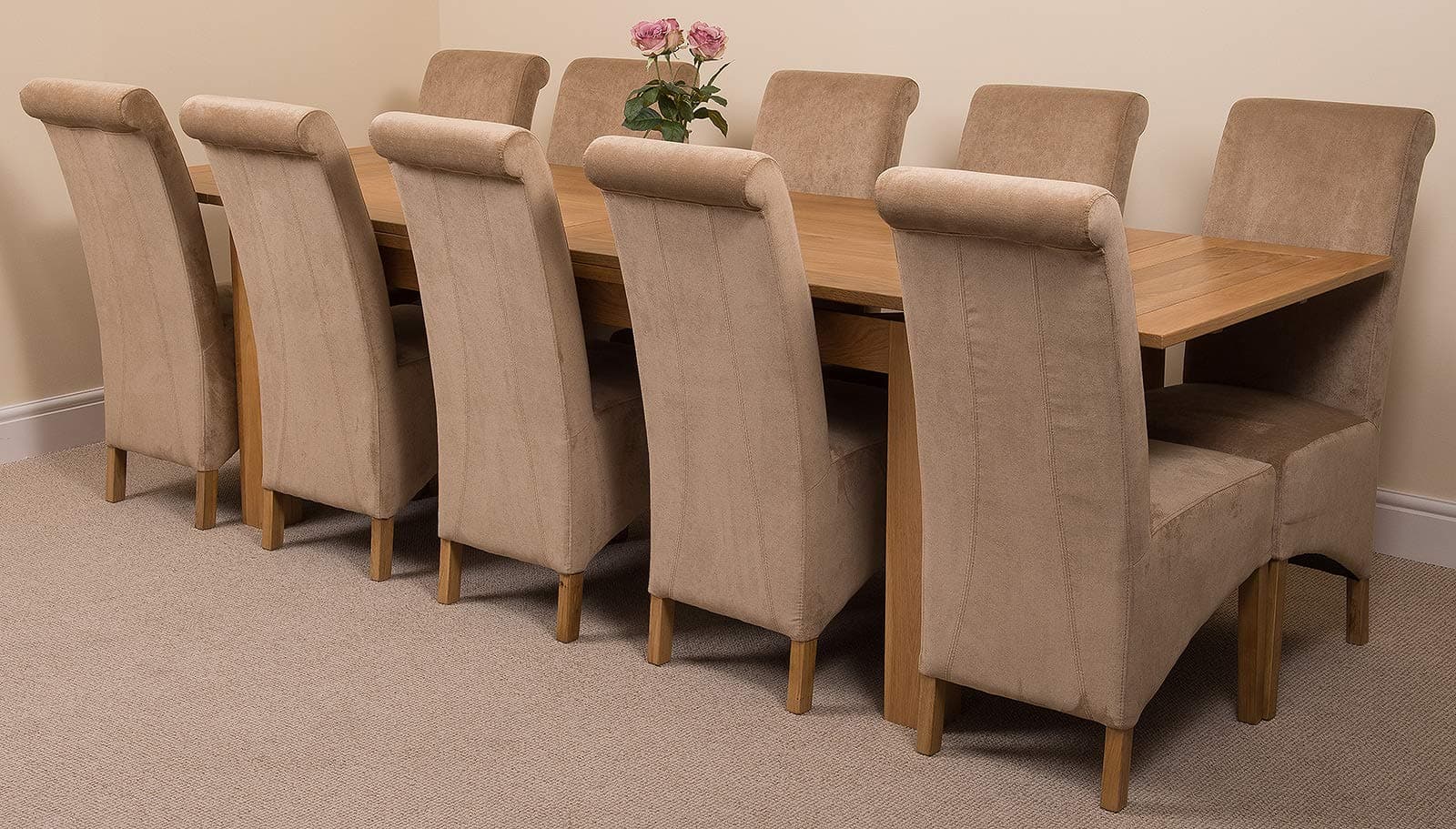 Richmond 200cm - 280cm Oak Extendable Dining Table with Chairs - Large Oak Dining Set with 10 Montana Beige Fabric Chairs