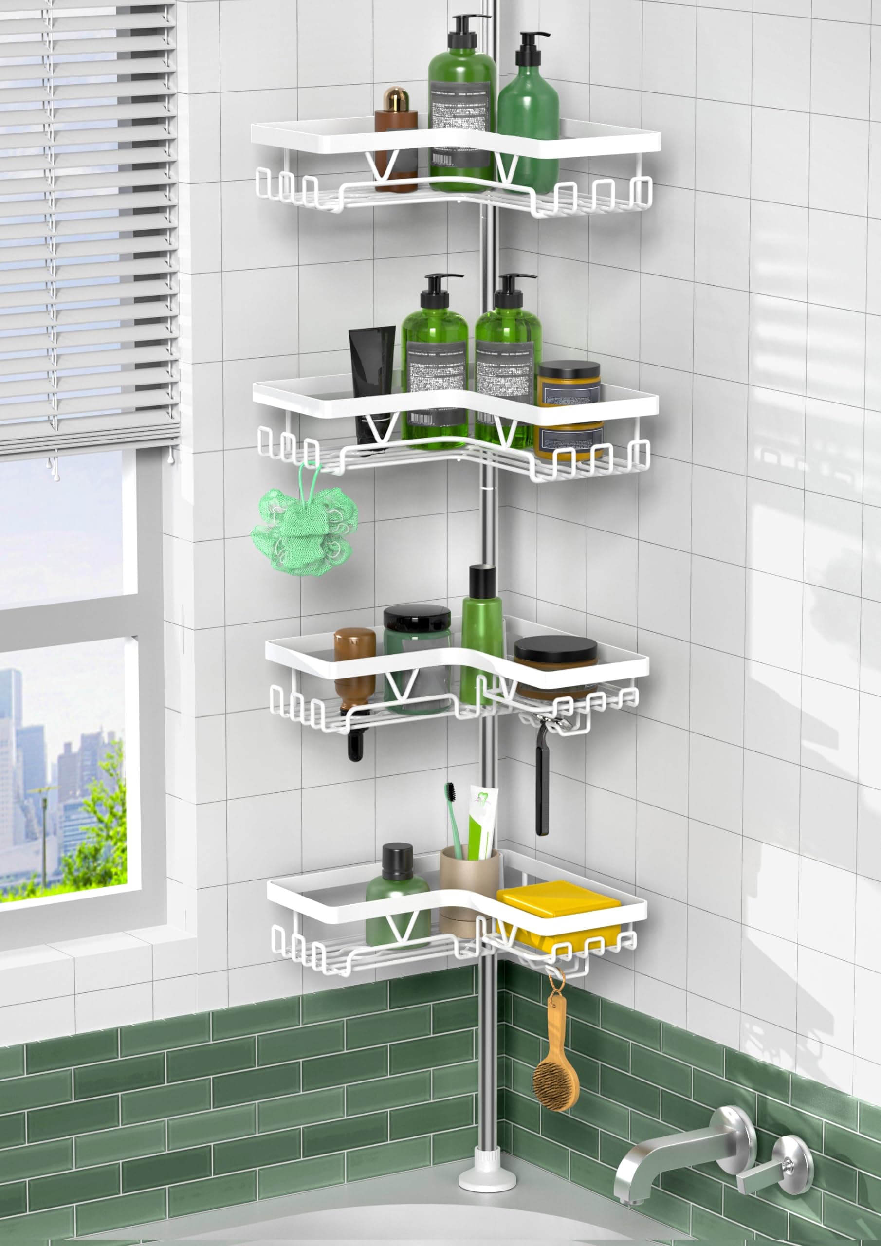 Corner Shower Caddy Tension Pole - 4-Tier Rustproof Bathroom Organizer, Floor to Ceiling Shower Caddy 25-114.2 inch, No Drilling Shower Storage Rack for Shampoo, Towels (Matte White) | Rustproof, Bathroom Organizer, Shower Storage Rack, for Shampoo, for Towels