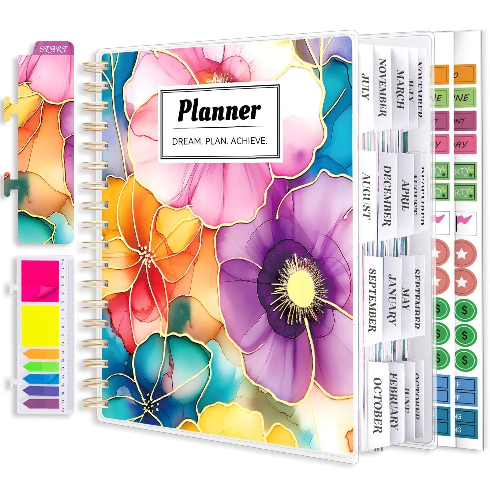 Undated Planner, Large 18 Months 7.9" x 9.8" Planner 2024-2025 Academic Daily Weekly and Monthly Yearly Agenda, Page Tabs, Separator Page, Pocket Folder, Bookmark, Stickers, Sticky Note Set