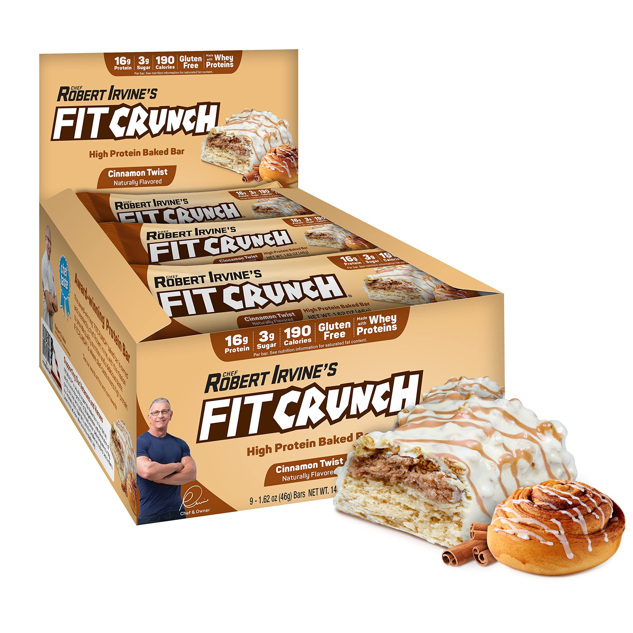 Snack Size Protein Bars, Designed by Robert Irvine, 6-Layer Baked Bar, 3g of Sugar & Soft Cake Core (9 Bars, Cinnamon Twist)