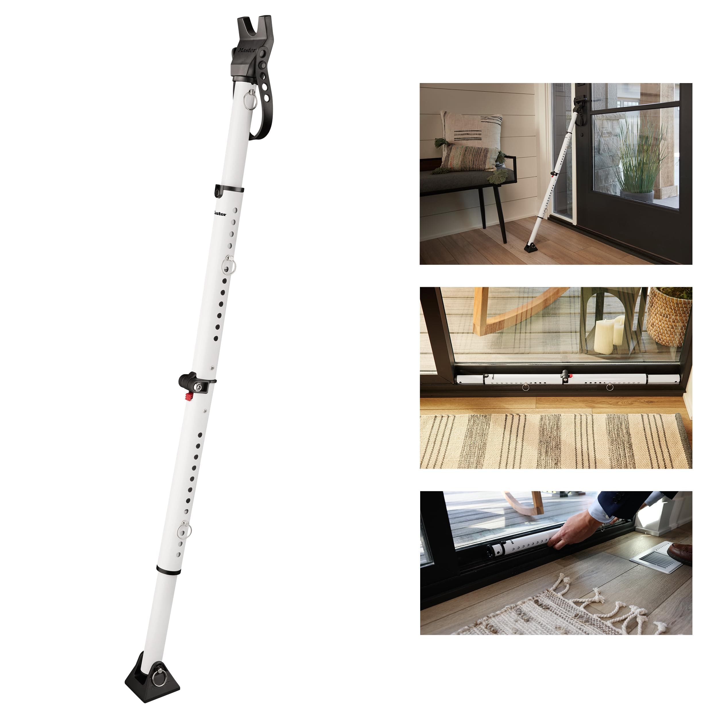 Master Lock Sliding Door Stopper and Door Security Bar, Adjustable for Hinged and Sliding Doors, Compact Enough to Travel for Hotel Security, White, 270EC