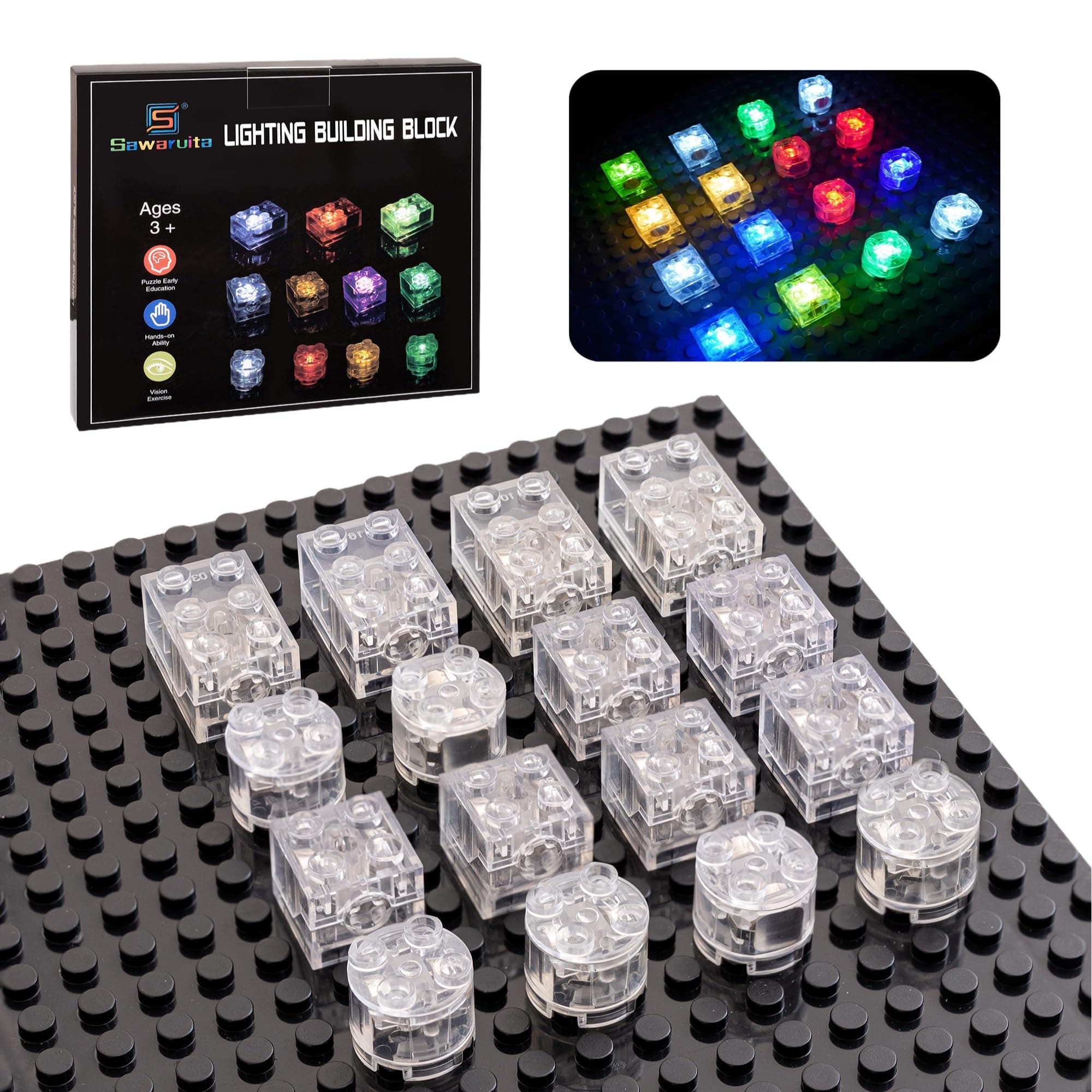 16PCS Light Up Building Bricks Multicolor LED Light Brick Sets Classic Transparent 2x2 2x3 Building Block Accessories Kit Toys Compatible with All Major Brands