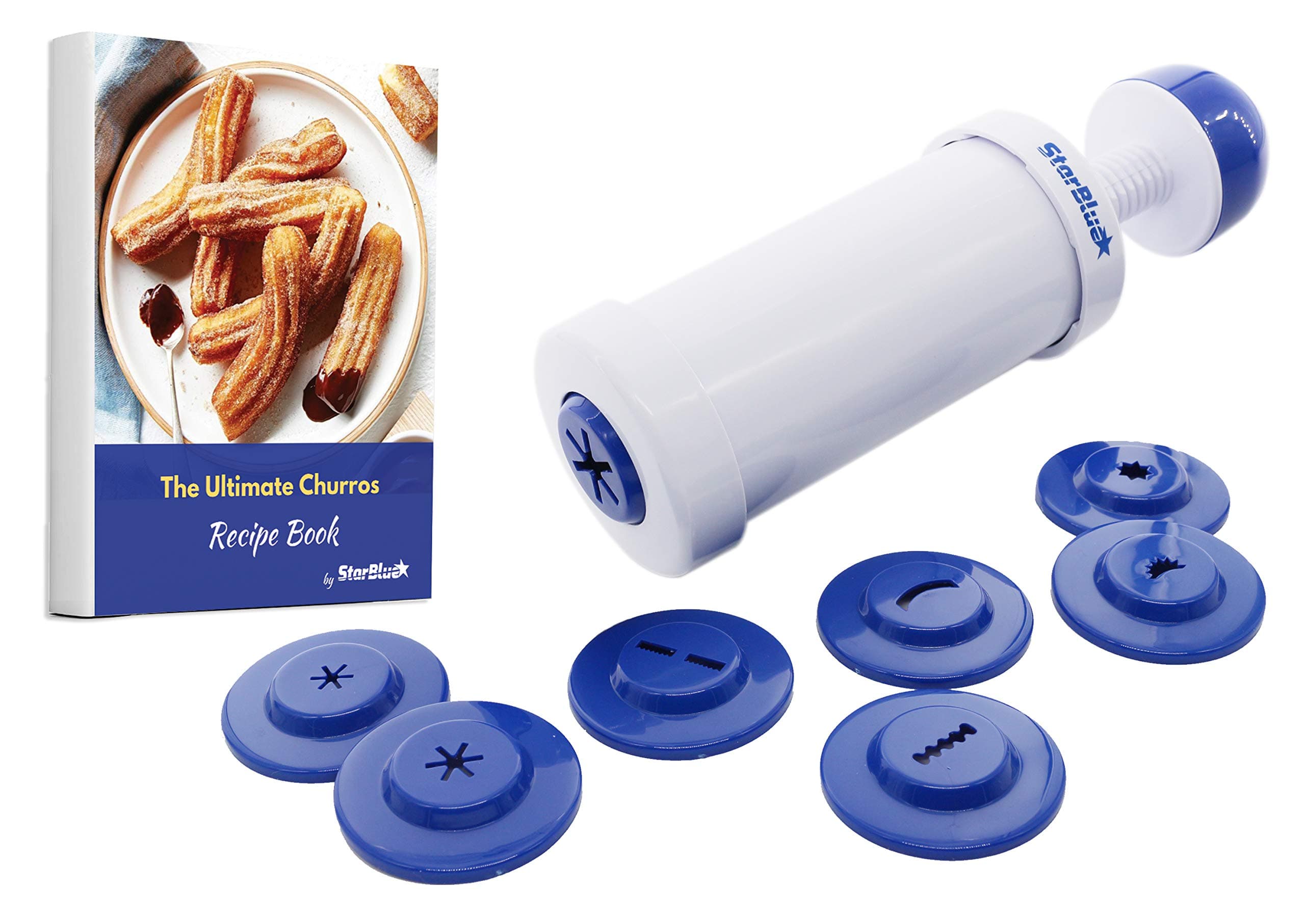 StarBlue Churrera Churro Maker with FREE Recipe e-Book - Easy Piping Nozzle Tool for Deep Fry Churro in 8 Difference Shapes