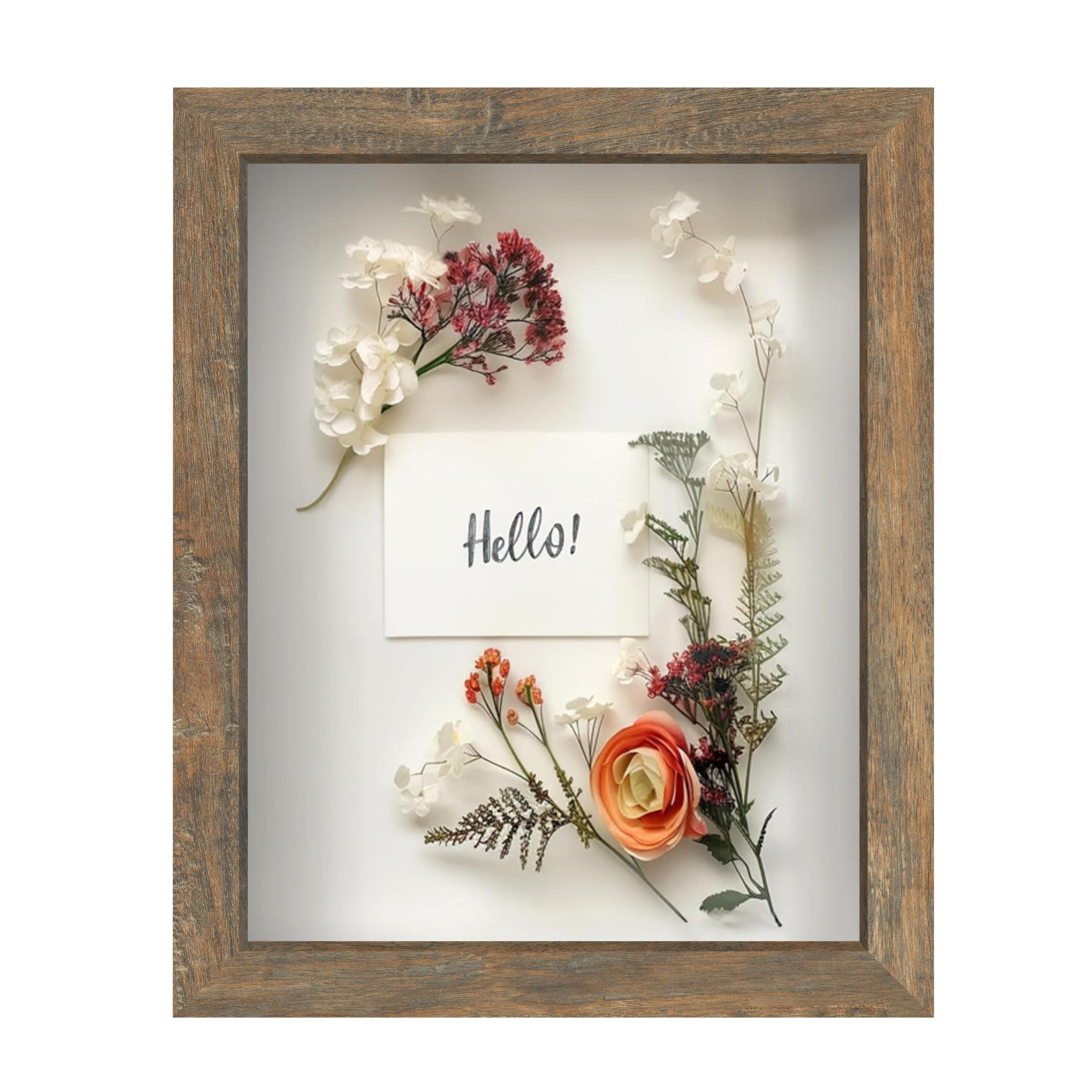 FrameWorks 8x10 Driftwood Wooden Shadow Box Frame – Soft Felt Back, Tempered Glass, and Included Elegant White Ball Push Pins