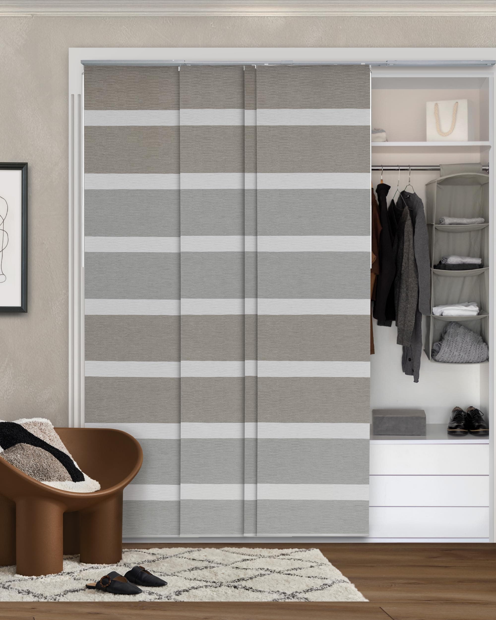 - GoDear Design Adjustable Vertical Blinds, 45.8"-86" W, Up to 96" H, Extendable Track for Sliding Patio Doors, Trimmable Woven Panel Curtains, Limestone