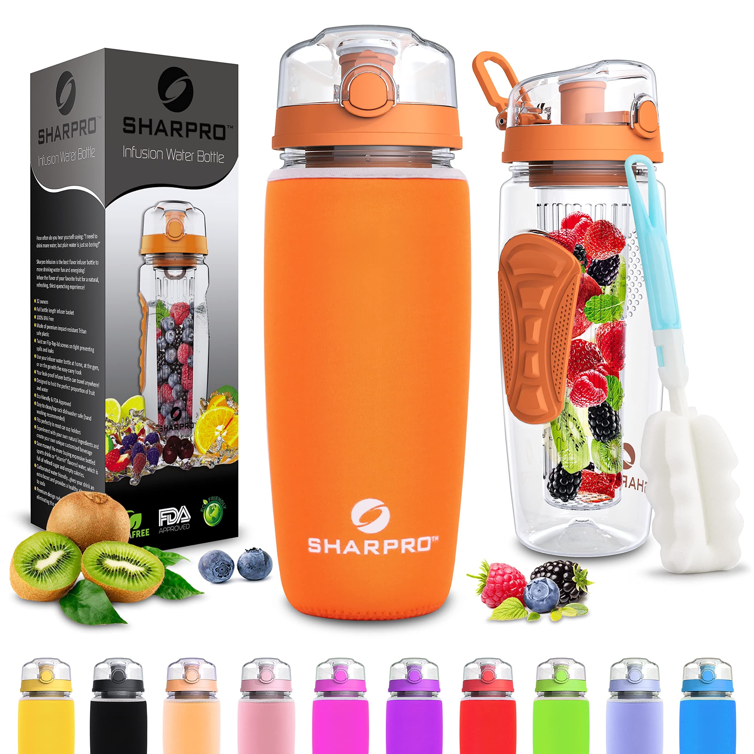 32 oz. Infuser Water Bottles - Featuring a Full Length Infusion Rod, Flip Top Lid, Dual Hand Grips