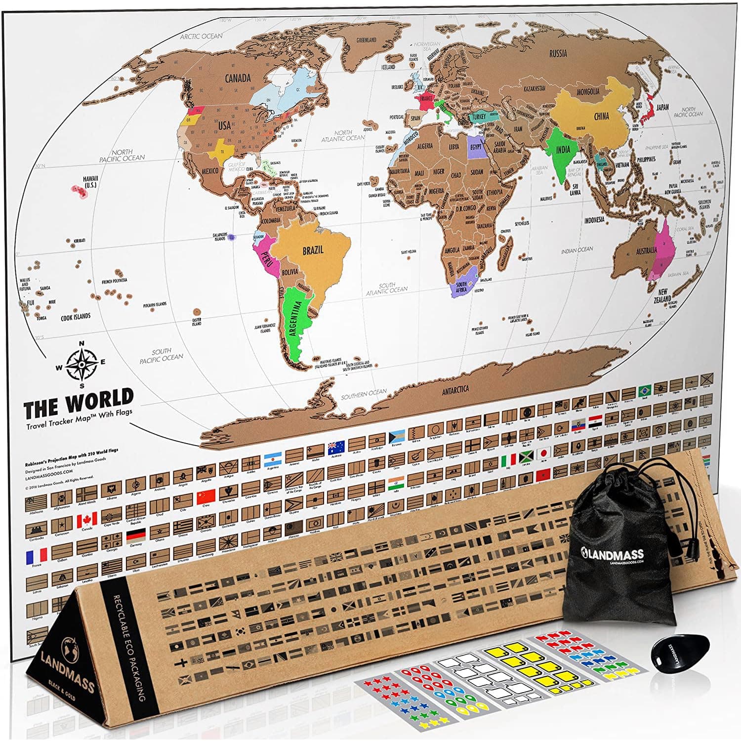 Landmass Scratch Off World Map Poster. Original Travel Tracker Map Print w/Flags, US States Outlined. Clean Design and Vibrant Colors to Make Your Story Come to Life. The Gift Travelers Want.