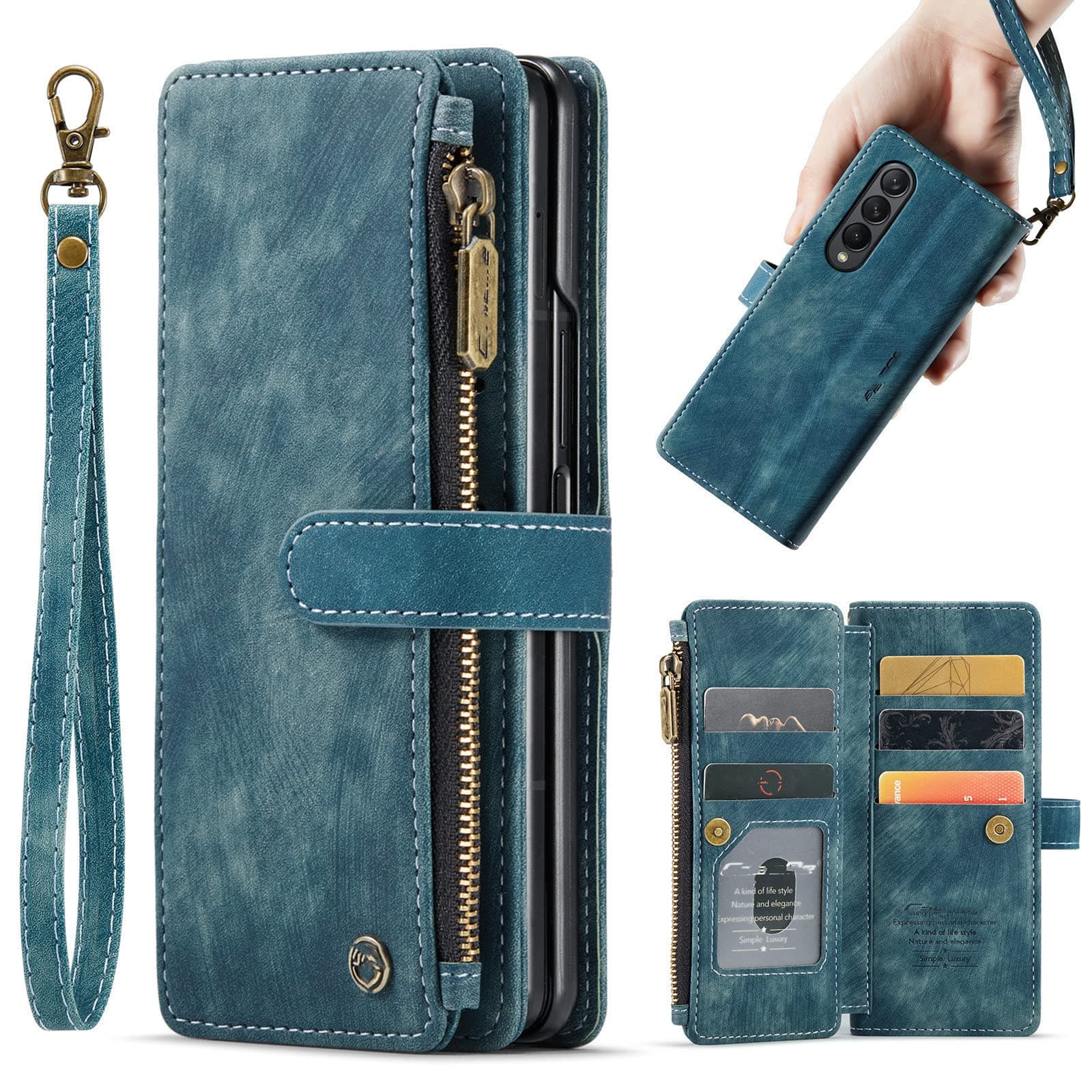 NP Samsung Galaxy Z Fold 4 Wallet Case,Shockproof PU Leather Zipper Folio Case with Magnetic Closure,Card Holder and Kickstand (Blue)
