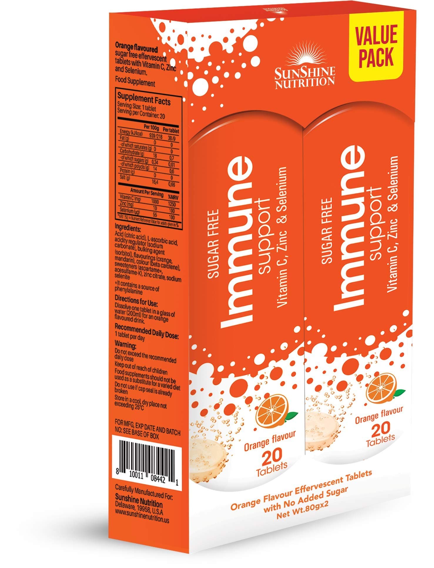 Sunshine Nutrition Immune Support Effervescent Tabs, 2 X 20 Tablets | With Vitamin C, Zinc & Selenium | Sugar Free | Orange Flavor
