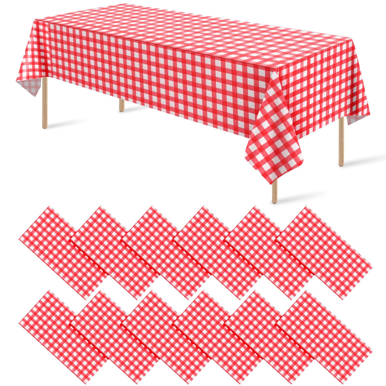 12 Pack Red and White Plastic Checkered Tablecloth, Premium Decorative Disposable Red Gingham Plaid Table Cloths for Parties, Rectangle Party Table Cover for Picnic Farm Birthday Wedding, 54x108 Inch