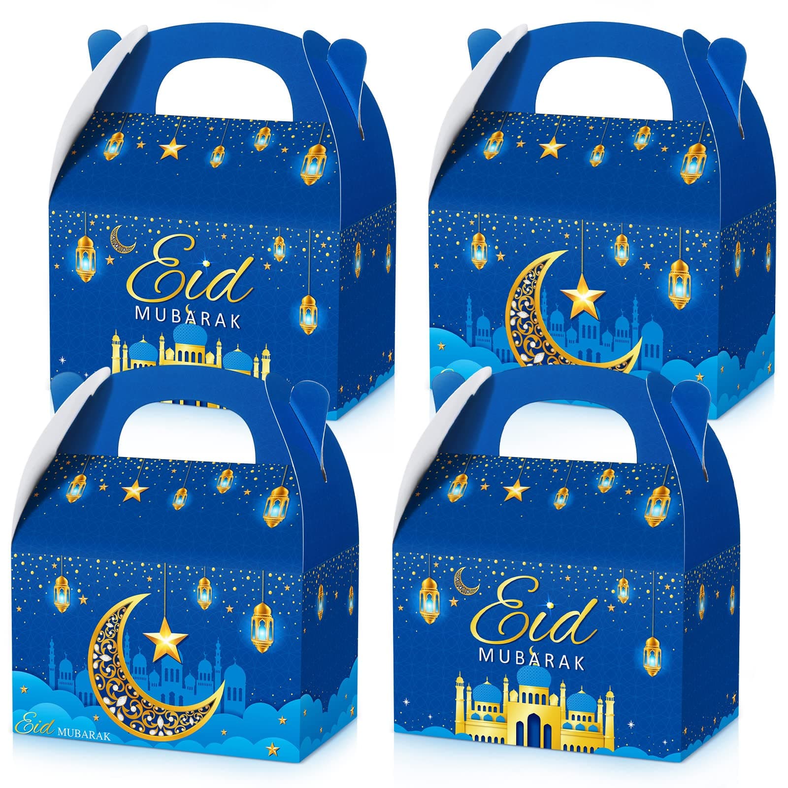 24 Pack Ramadan Treat Boxes Eid Mubarak Gift Boxes Mosque Star Moon Lantern Party Favor with Handle Bulk Ramadan Goodie Candy Bag for Eid Al Fitr Packages Supplies(Navy Blue)