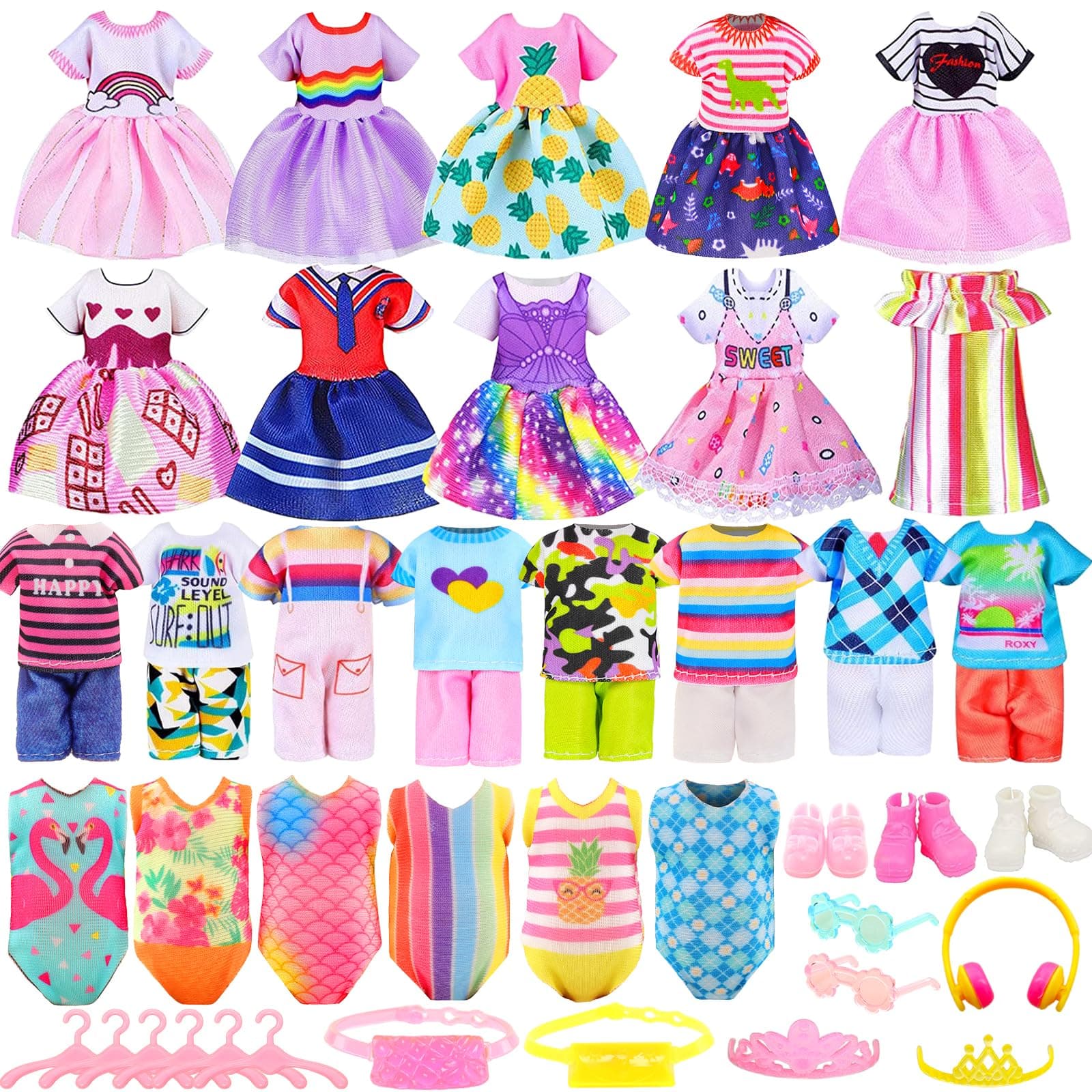 30 PCS Mini 6 Inch Doll Clothes and Accessories Include 4 Tops, 4 Pants for Boy Dolls, 5 Dresses , 2 Swimsuit and 2 Shoes, 10 Outfits Hangers Pocket Glasses Headset Crown for 5.3-6 Inch Dolls