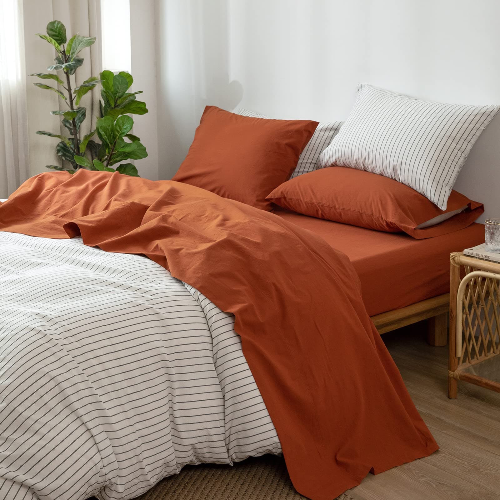 MooMee Bedding Sheet Set 100% Washed Cotton Linen Like Textured Breathable Durable Soft Comfy (Rust Brown, Queen)