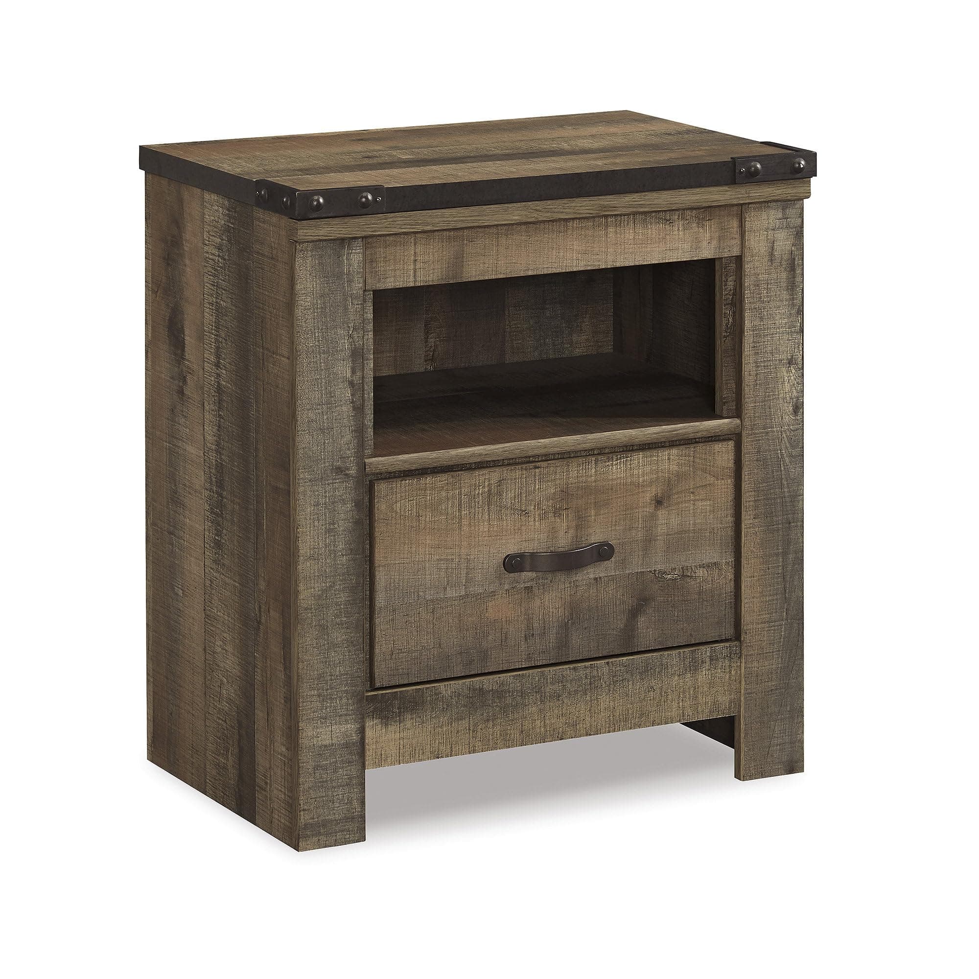 Trinell Rustic 1 Drawer Nightstand, USB Charing, Storage Cubby, Nailhead Accents, Wood, 24.72" W x 16.18" D x 26.22" H, Warm Brown