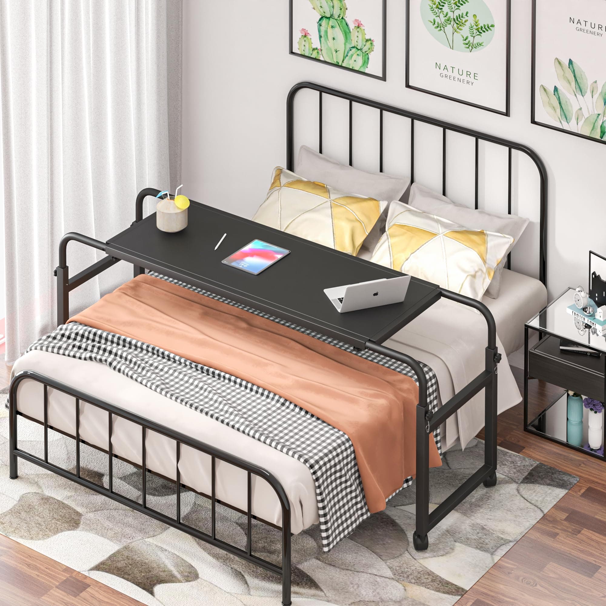 Klvied Overbed Table with Wheels, Rolling Desk Over Bed Adjustable Height,Mobile Standing Laptop Table Over Bed King Queen for Hospital and Home,Black