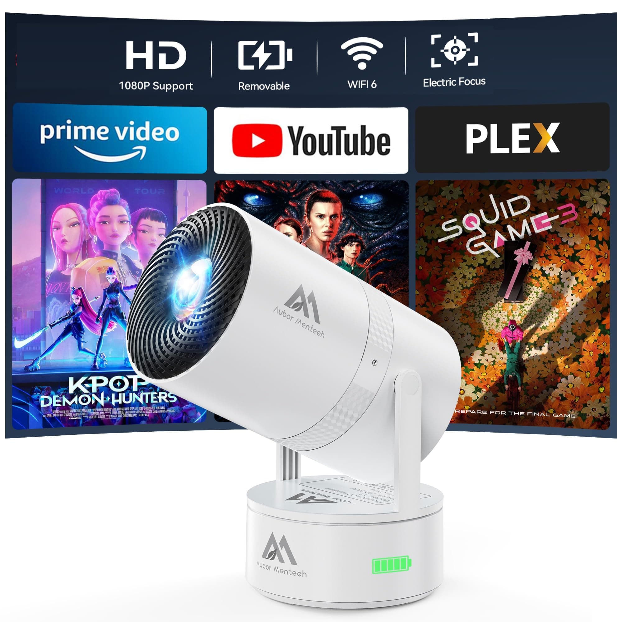 [Built-in Battery] Mini Projector with Wifi and Bluetooth, Rechargeable Portable Outdoor Smart Projector with Support 4K Decoding, Electric Focus Home Theater for Phone, White