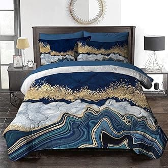 BlessLiving Marble Comforter Grey Navy Blue & Gold Modern Bed in A Bag 8 Pieces for King Beds - 1 Comforter, 2 Pillow Shams, 1 Flat Sheet, 1 Fitted Sheet, 1 Decorative Pillow Cover, 2 Pillowcases