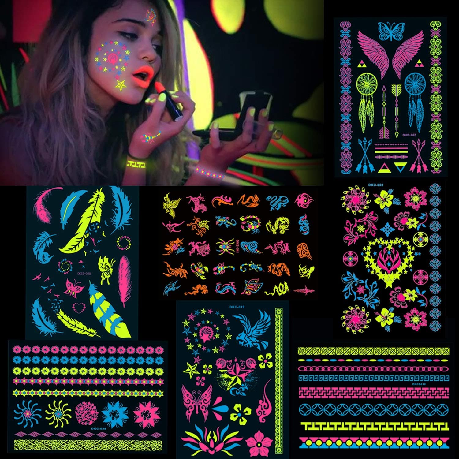 HOWAF 7 Large Sheets Neon Temporary Tattoos, 100+ Shimmer Designs Glow UV Neon Body Face Skin Tattoo Jewellery Tattoos Flash Fake Waterproof Tattoo Stickers for Women Girls Body Art