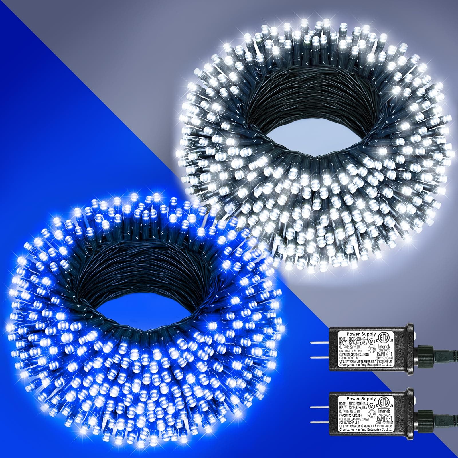 2 Pack Christmas Lights Outdoor, Total 200FT 600 LED String Lights for Outside Waterproof with 8 Modes, Green Wire Twinkle Tree Lights for Indoor Patio Xmas Decorations, 1 Pack Blue & 1 Pack White
