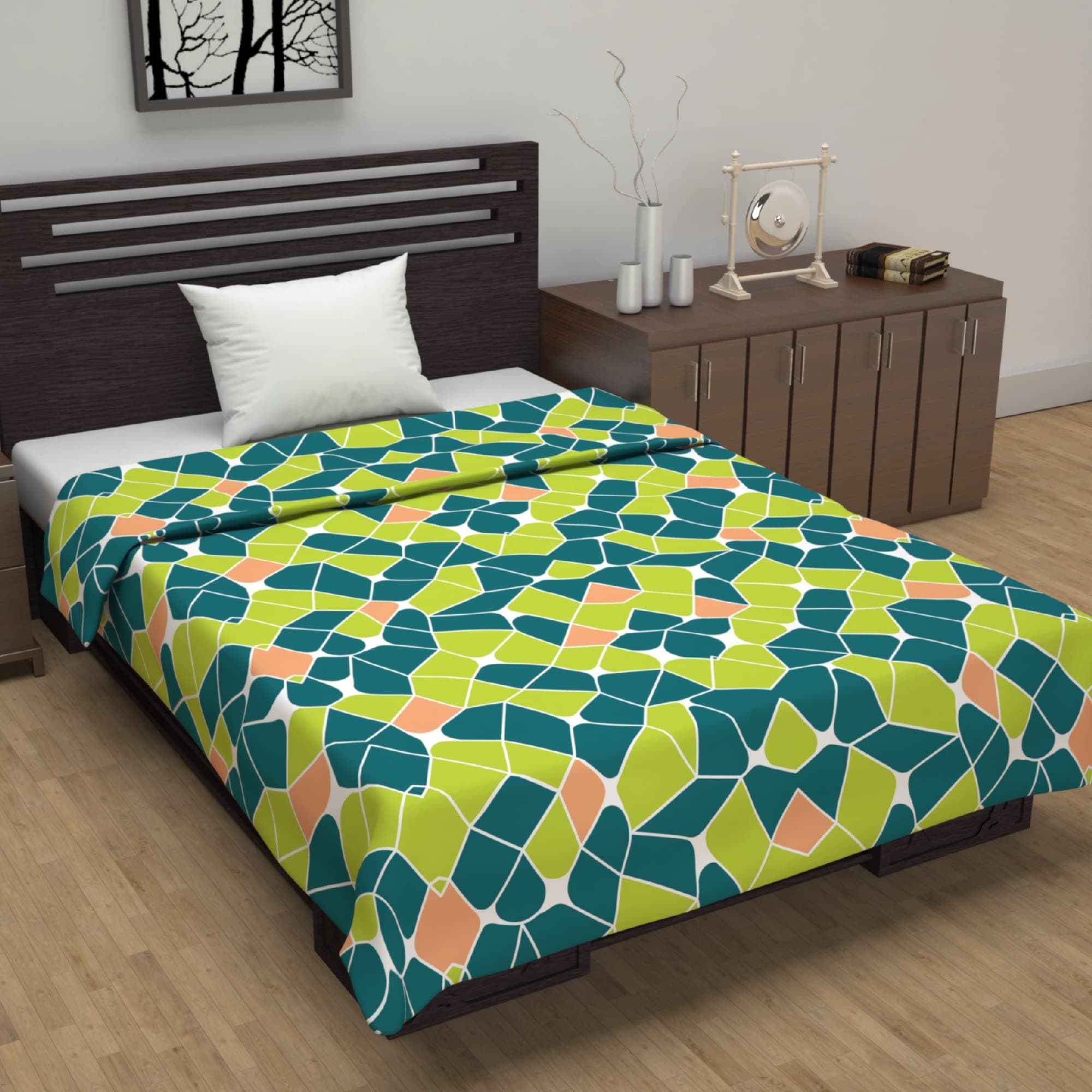 Divine Casa 120 GSM Polyester Reversible Lightweight Printed Single Bed AC Dohar Blanket - Green and Orange