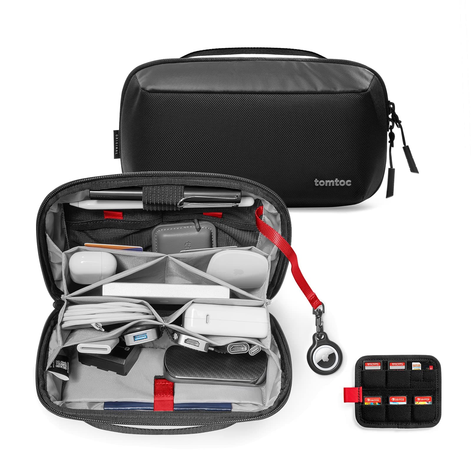 tomtoc Electronic Organizer Accessory Pouch for MacBook Charger, Cables, Power Bank, Hard Drive, Cords, Water-resistant Storage Bag with Removable Card Slots for USB Adapter, Memory Card, Black