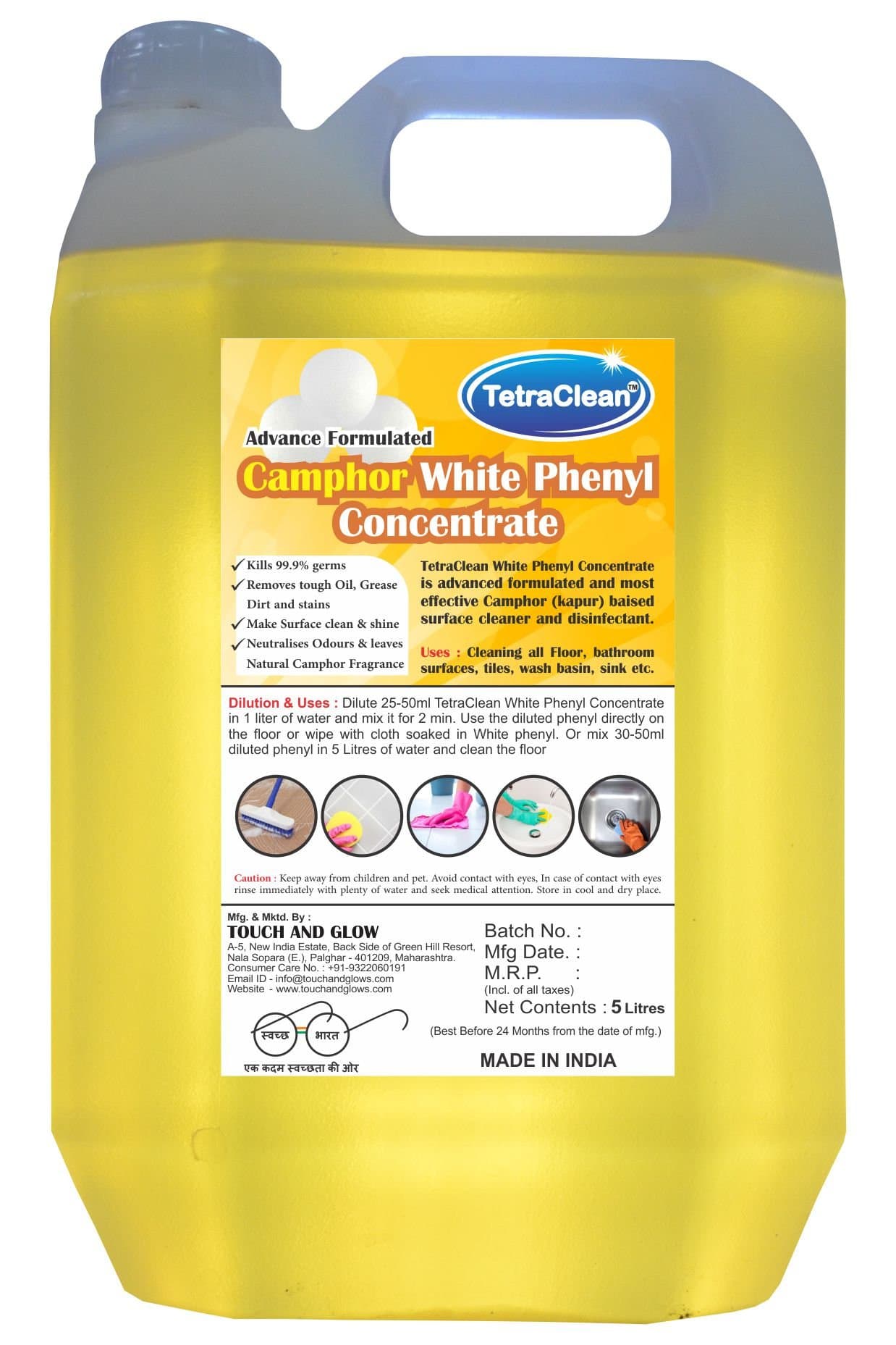 TetraClean Premium Camphor Based White Concentrate Floor Cleaner - Advanced Surface Cleaner | For Home & Commercial Use, Natural Disinfectant - 5 Liters