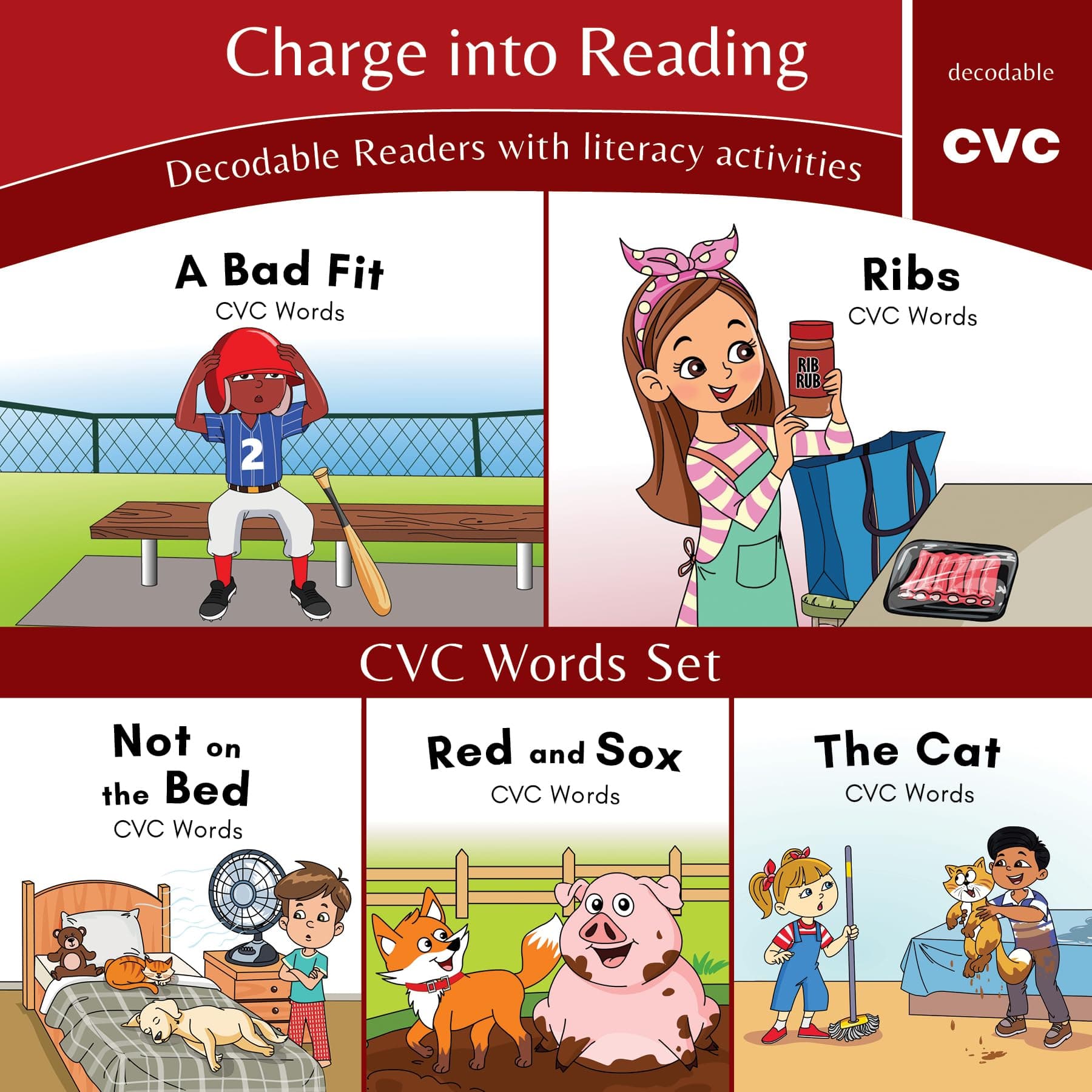 Charge into Reading Decodable Books (Stage 1.5): A 5-book, 120-page CVC decodable reader set designed for children who have mastered individual short ... mixed short vowel CVC words in sentences