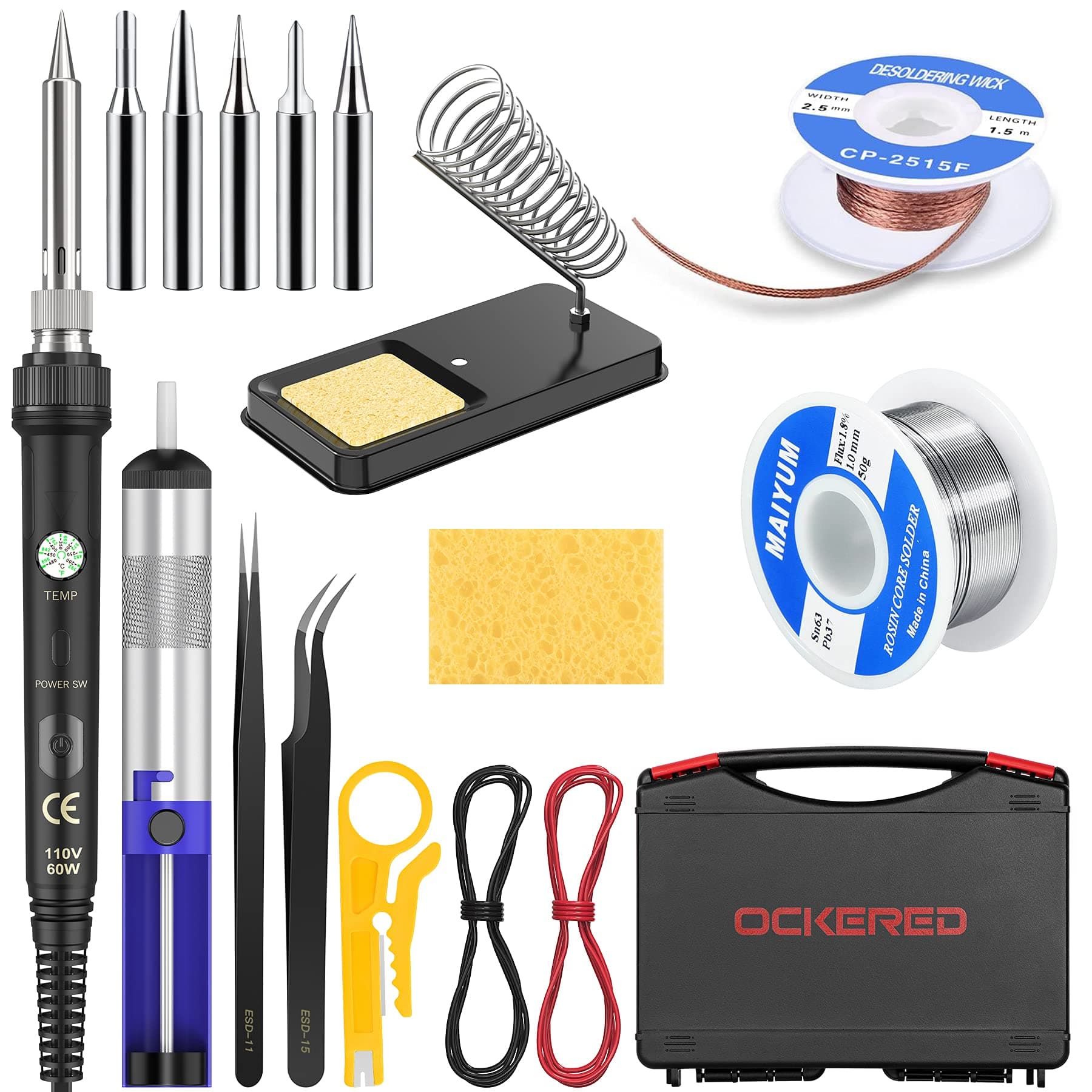 Soldering Iron Kit Electronics, 60W Adjustable Temperature Welding Tool, with ON/Off Switch, 5pcs Soldering Iron Tips, Solder Wire, Desoldering Pump, Wick, Soldering Stand, Tweezers [110V, US Plug]