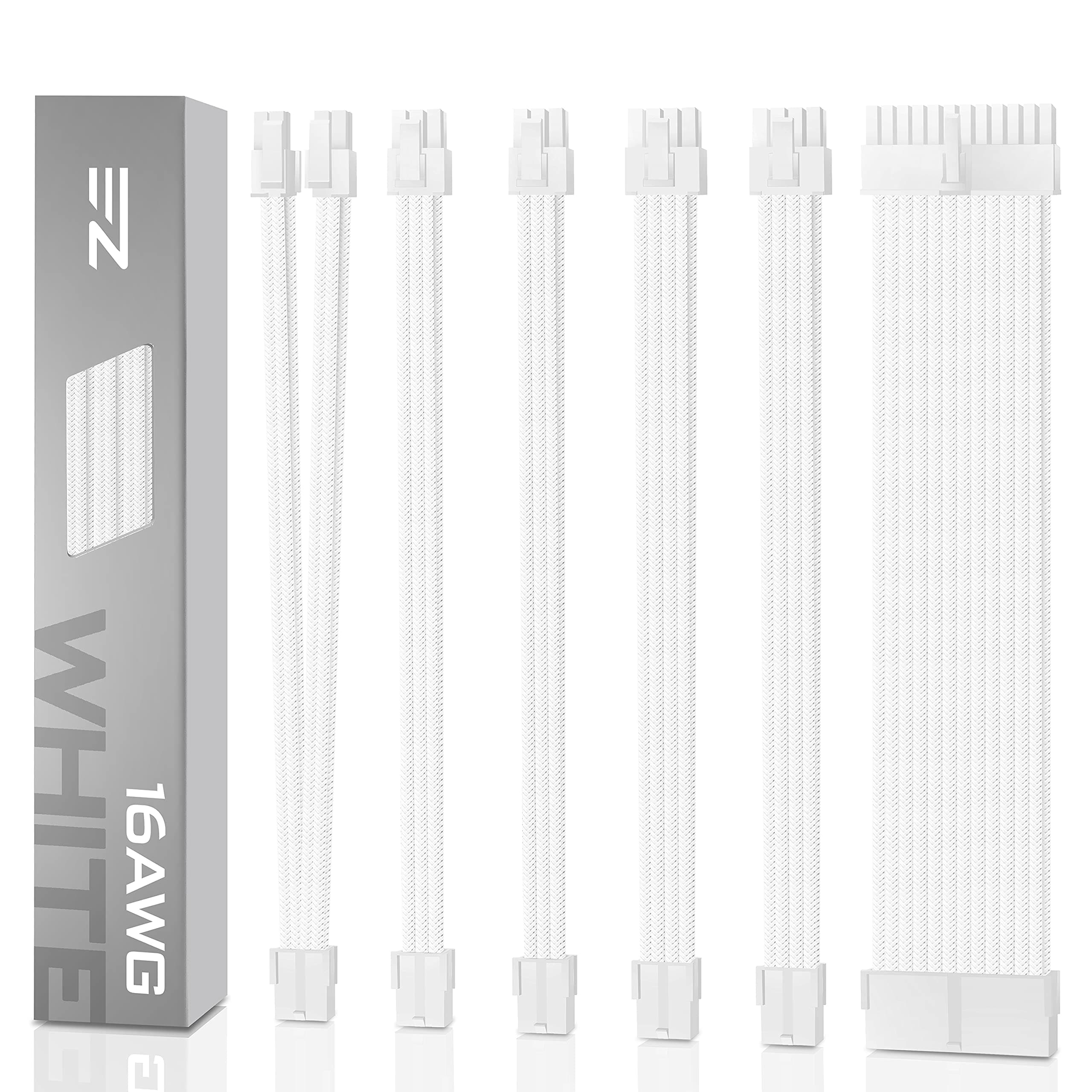 EZDIY-FAB PSU Cable Extension kit Sleeved Cable Custom Power Supply Sleeved Extension 16 AWG 24-PIN 8-PIN 6-PIN 4+4-PIN with White Combs-White Connector-White Cable