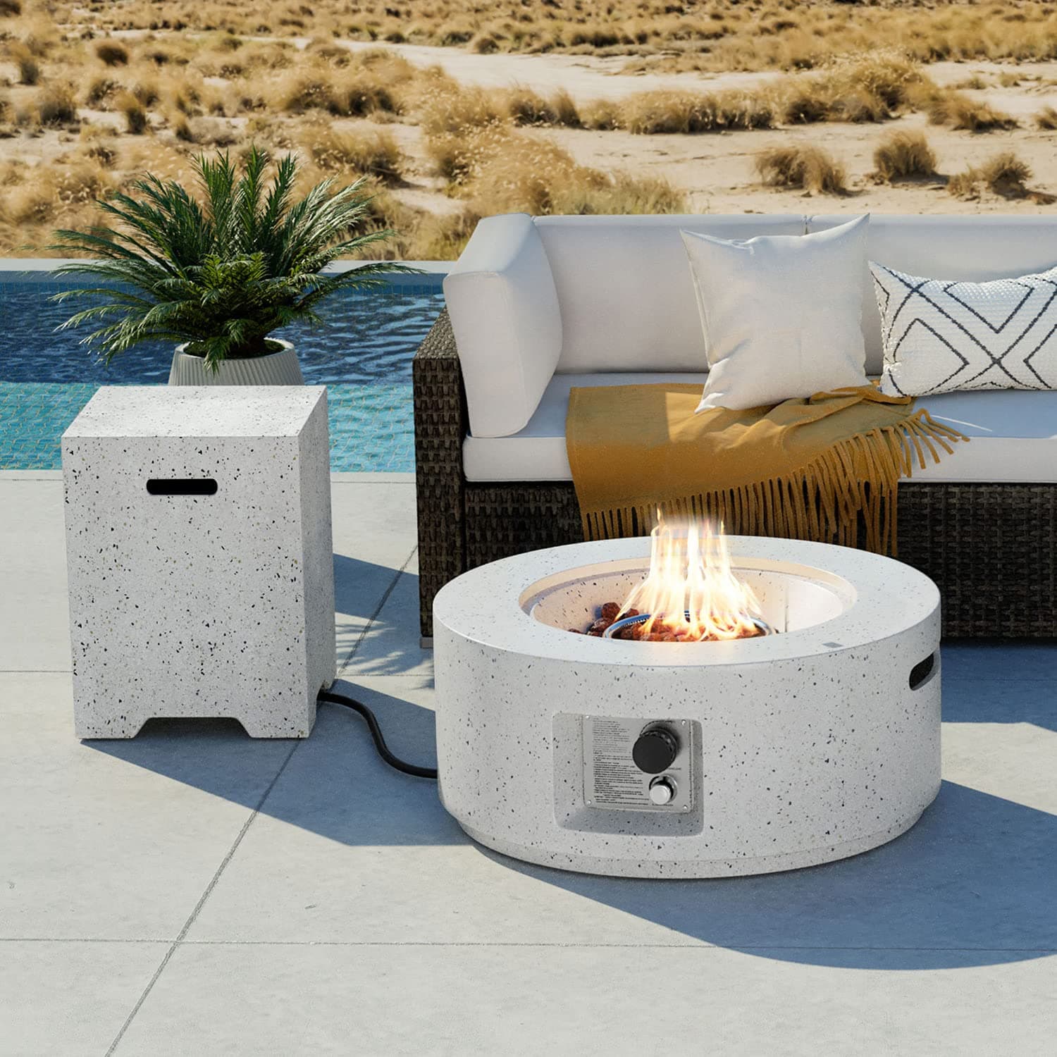 COSIEST 2-Piece Outdoor Propane Fire Pit Table Set w Tank Table, 28" Terrazzo Round Fire Table (Certified, 40,000 BTU) w 16" Tank Cover Side Table 20lb, Waterproof Cover for Garden, Pool, Backyard