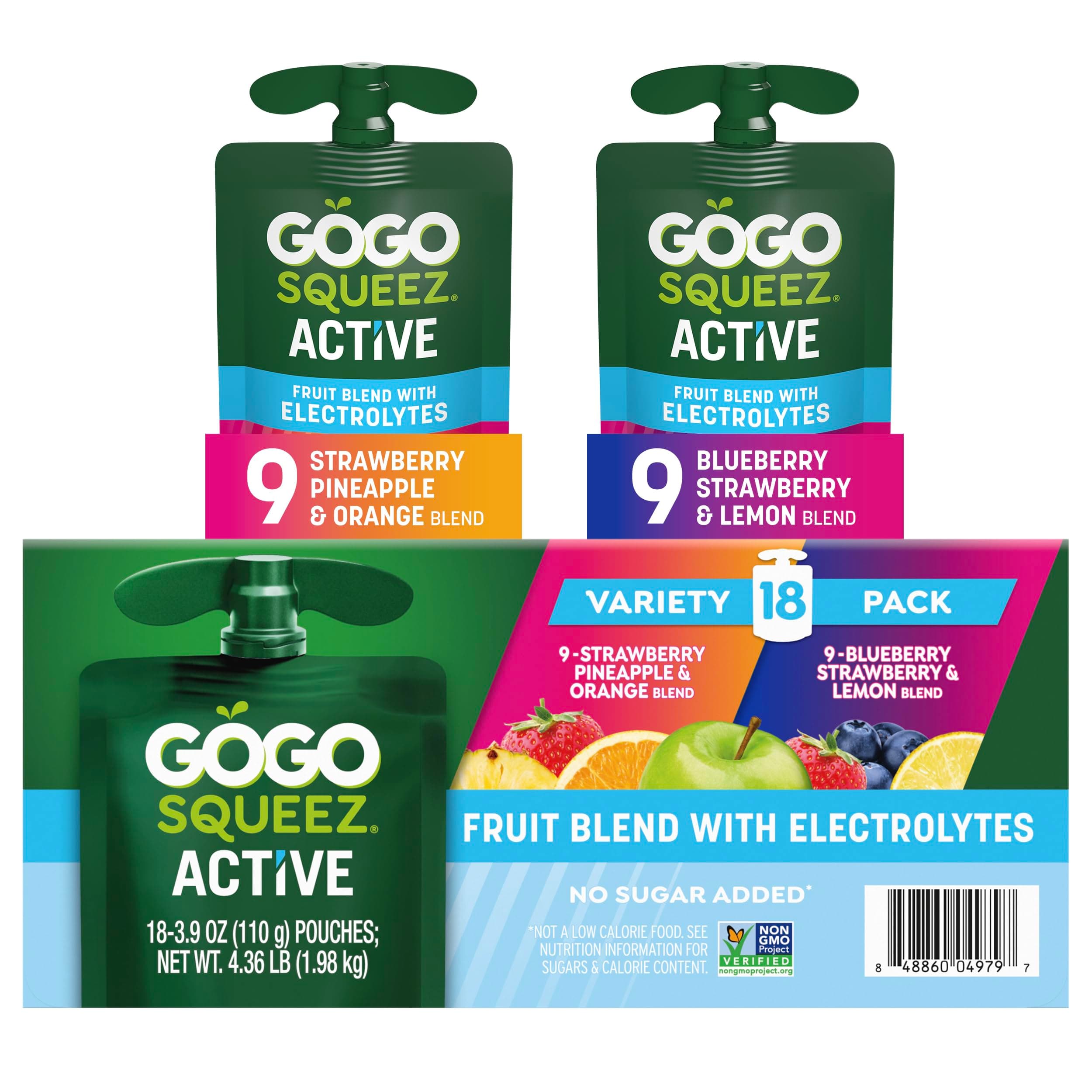 GoGo squeeZ No Sugar Added Active Fruit Blend with Electrolytes| 18-Count Variety Pack | Blueberry Strawberry Lemon & Strawberry Pineapple Orange | Made with Real Fruit and Antioxidants Vitamin A, E, & C