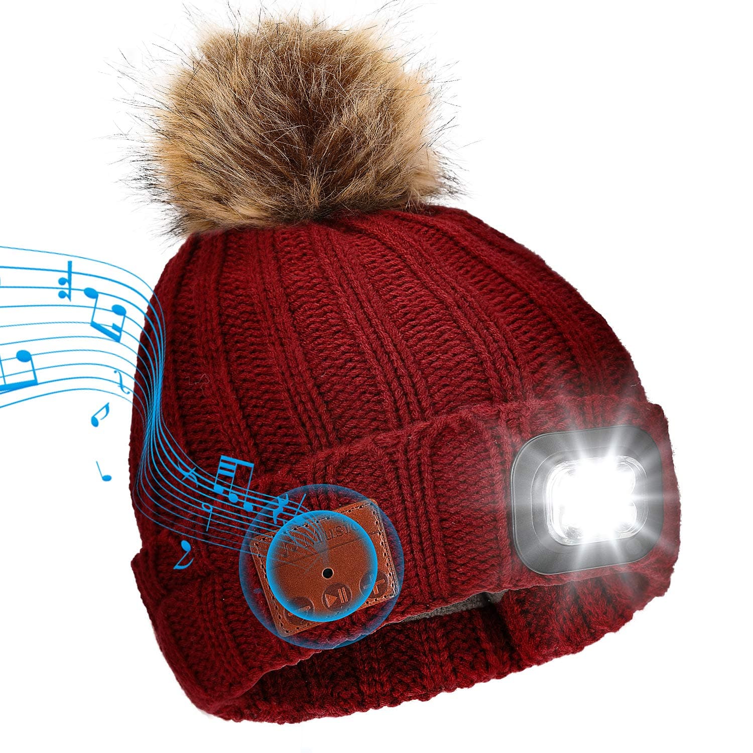 Wireless Bluetooth Beanie Hat with 4 LED Headlamp USB Rechargeable V5.0 Beanie Hat Warmer Fleece Lined Built-in Stereo Speakers and Mic for Women Running Skiing Hiking Camping Cycling Red
