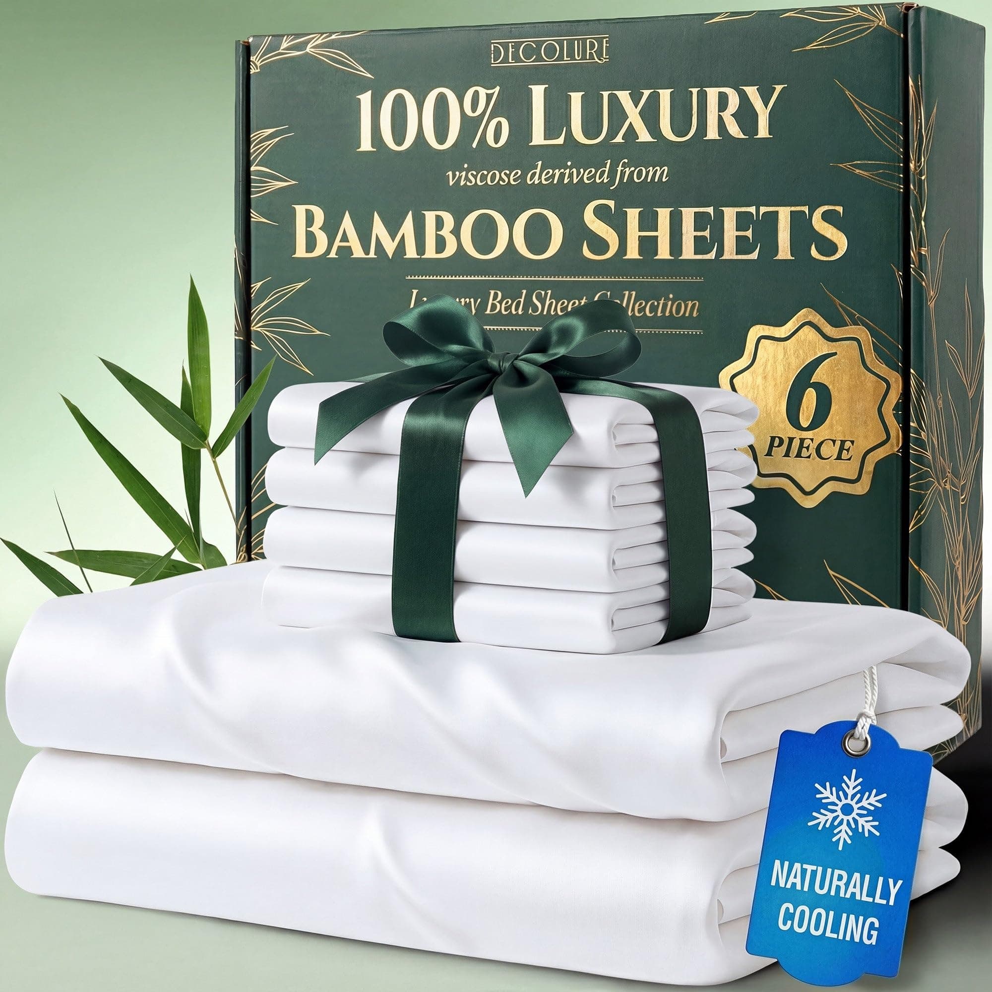 DECOLURE 100% Viscose Derived from Bamboo Sheets King Size - Luxury 6 Pc Naturally Cooling Sheets, Ultra Soft Bed Set - Deep 17" Pockets, Durable Double Stitching, Oeko Tex Standard (White)