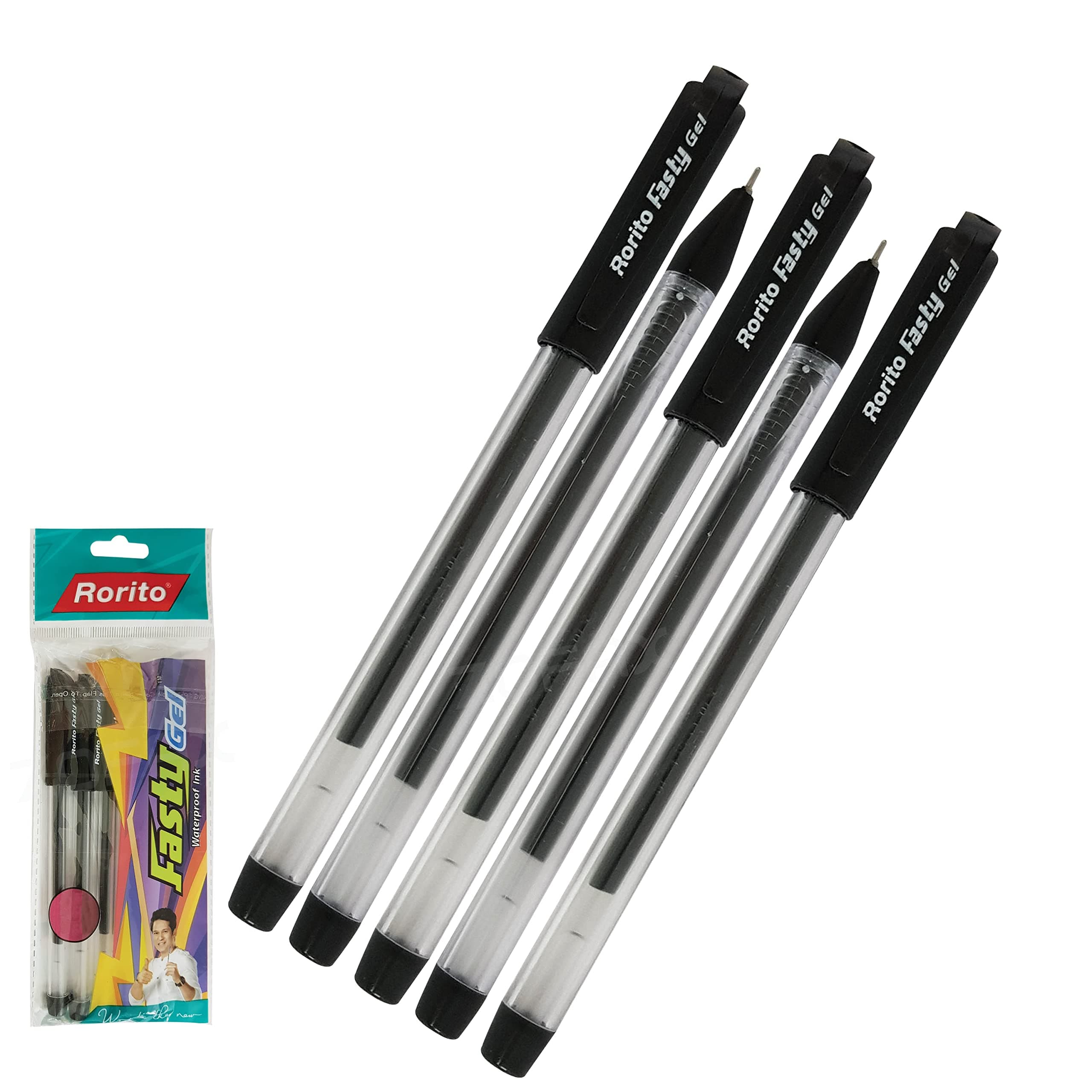 5 x 0.6mm Tip Fasty BLACK Fine Smooth Writing Gel Pens Waterproof Ink