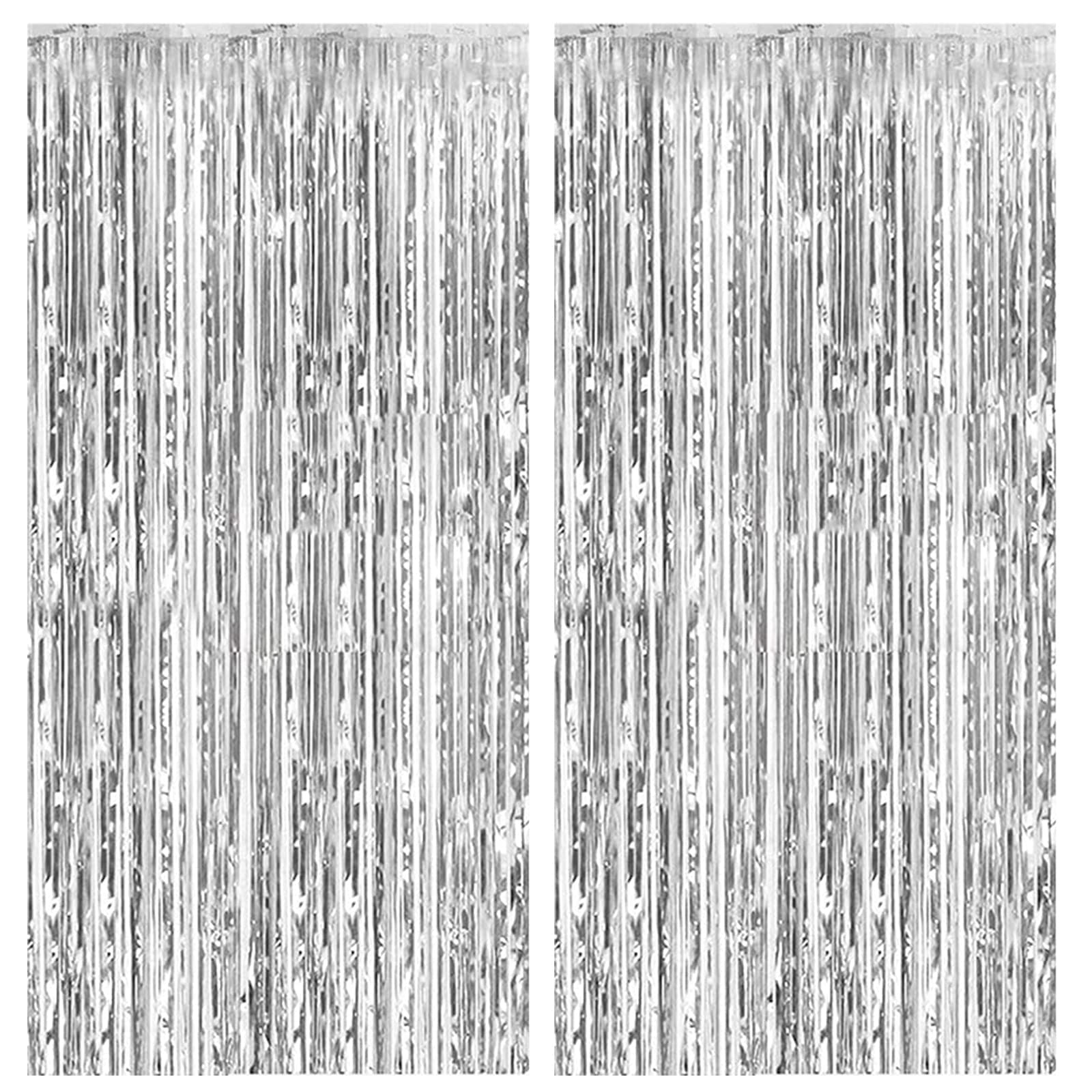 K.E.J. 2 Pack Silver Metallic Fringe Foil Curtains Photo Booth Props for Birthday Wedding Engagement Baby Shower Bridal Shower Christmas Celebration