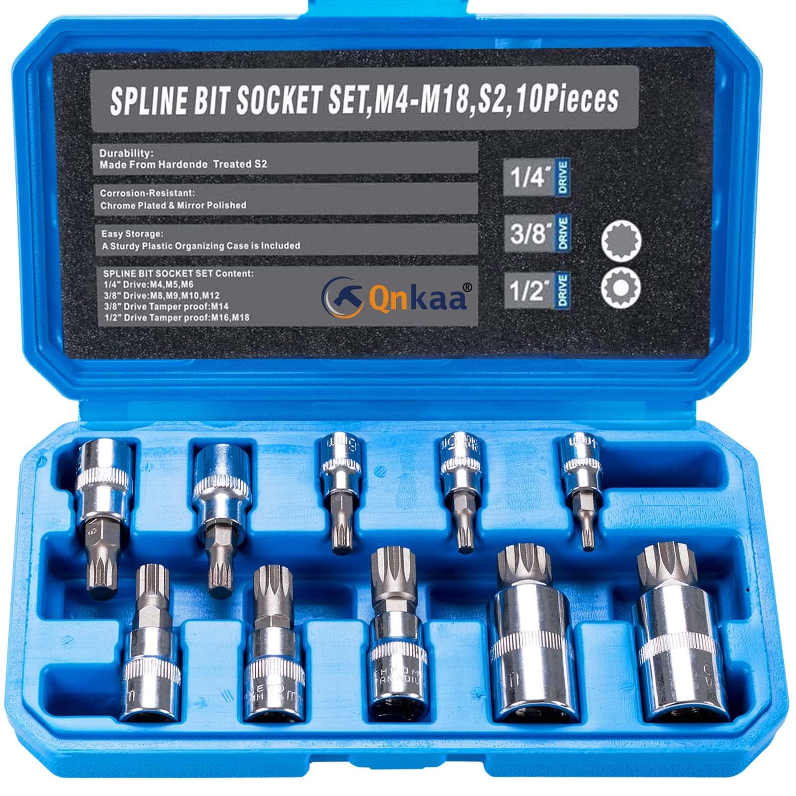 Spline Socket Bit Set 10pcs Square Triple Silver M4 - M18, Premium S2 Alloy Steel, 1/4ââ‚¬Â 3/8ââ‚¬Â 1/2ââ‚¬Â Drive