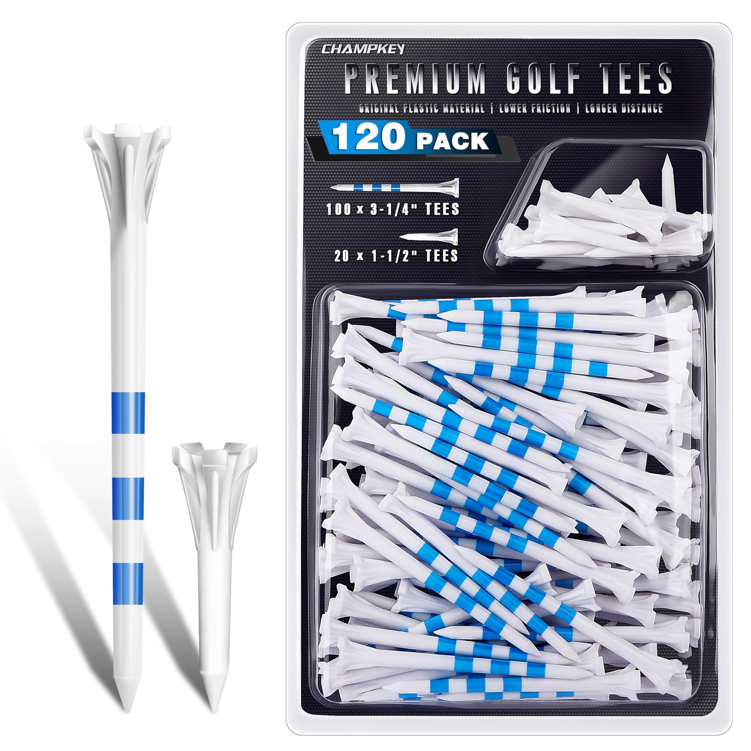 CHAMPKEY Advanced 5-Prong Plastic Golf Tees 120 or 100 Pack - 50% Ball Contact Surface Optimization with Longer Distance Performance Golf Tees Plastic