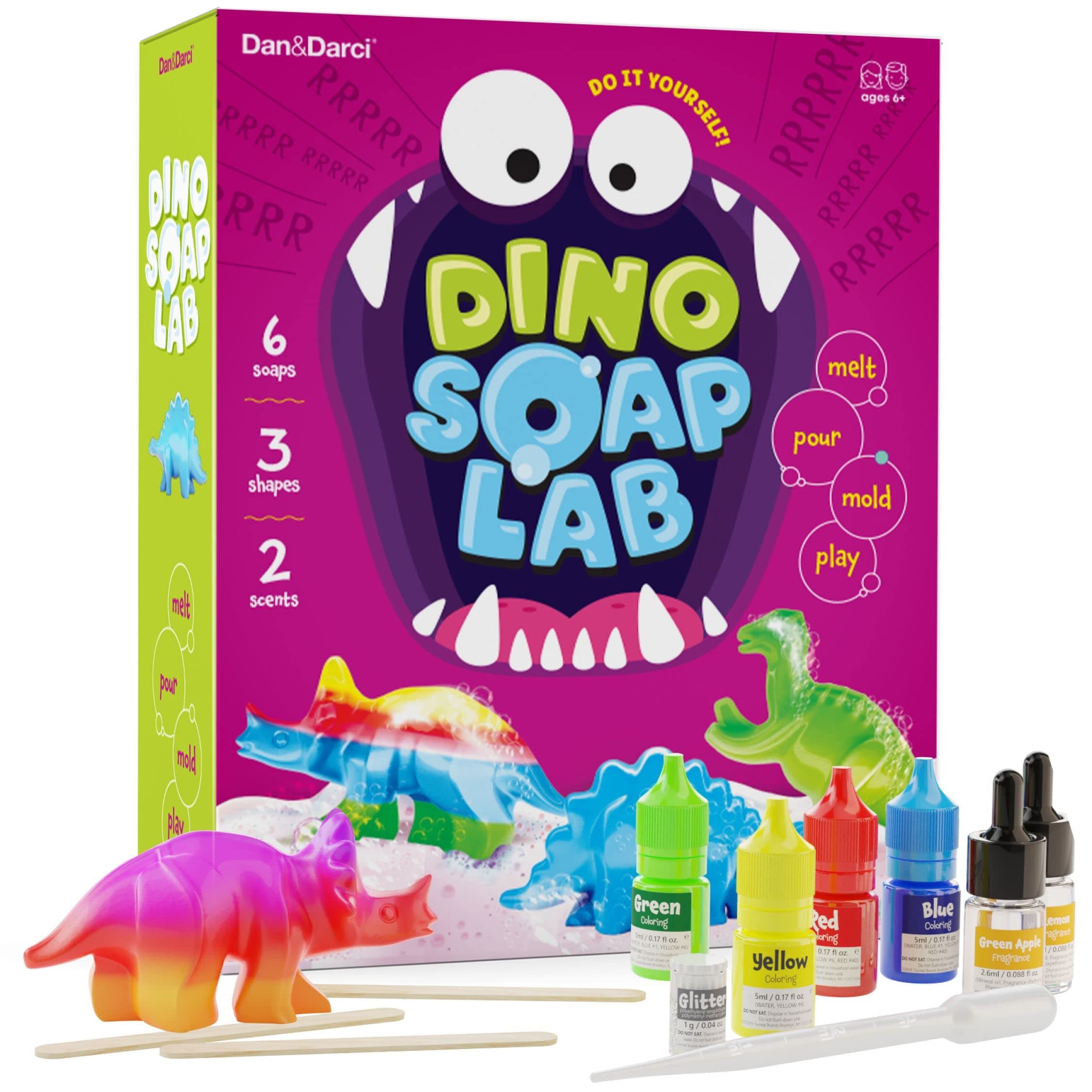 Dan Darci Dino Soap Making Kit - Dinosaur Science Experiments for Kids All Ages - ART CRAFT KIT - Yellow, Blue, Red - Unisex - Ages 4+