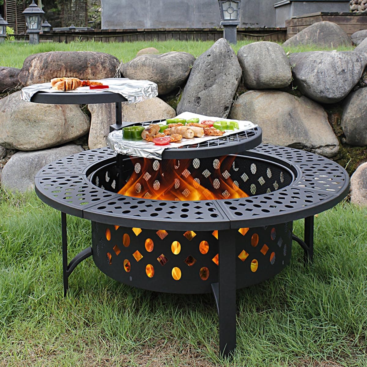 OutVue Fire Pit with 2 Grills, Wood Burning Fire Pits for Outside with Lid, Poker and Round Waterproof Cover, BBQ Outdoor Firepit Round Metal Table 1 for Patio, Picnic, Party, 3 In, 36 Inch