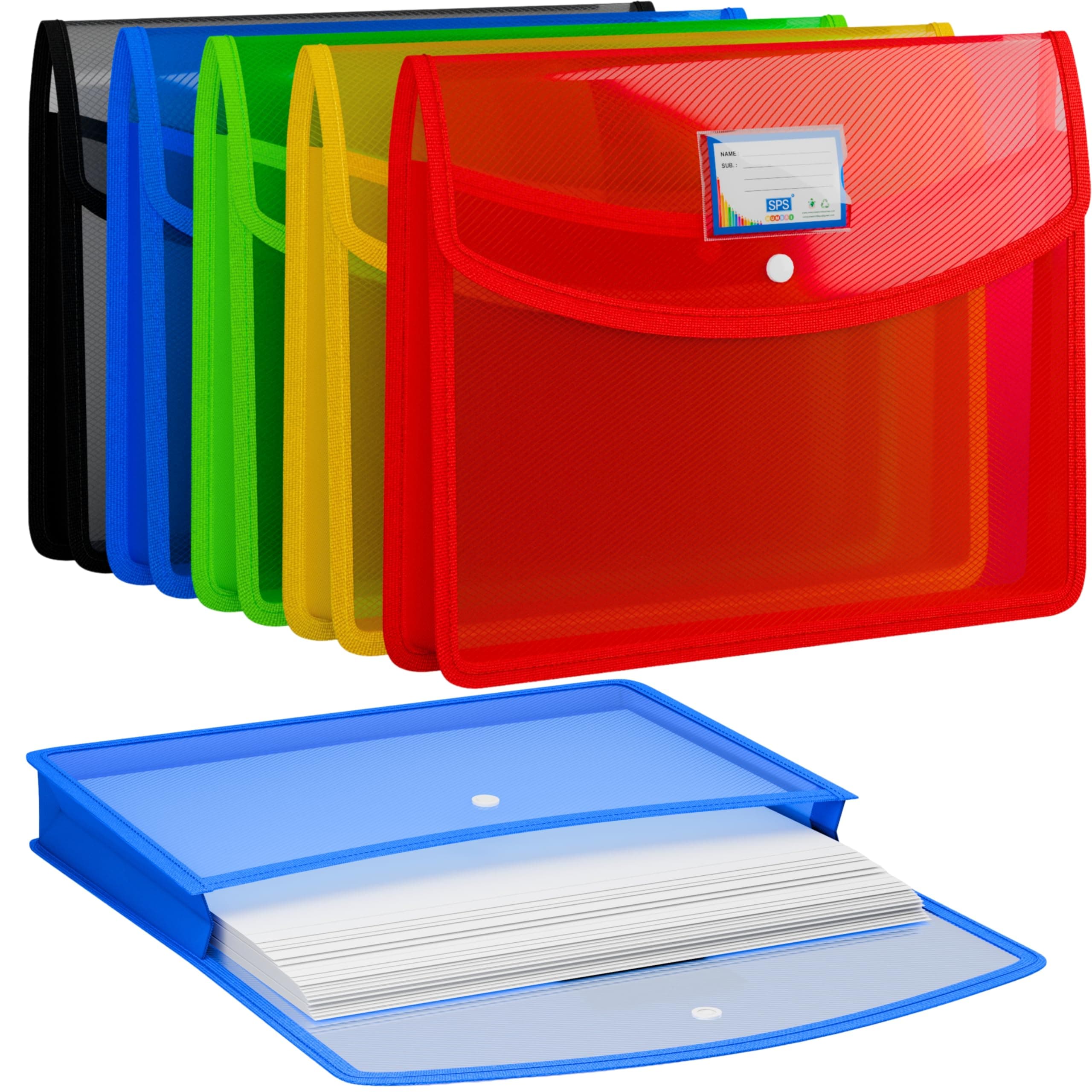 SPS File Folder, Transparent Poly-Plastic A4/Foolscap Documents File Storage Bag with Snap Button Set of 5/ Certificate File Folder