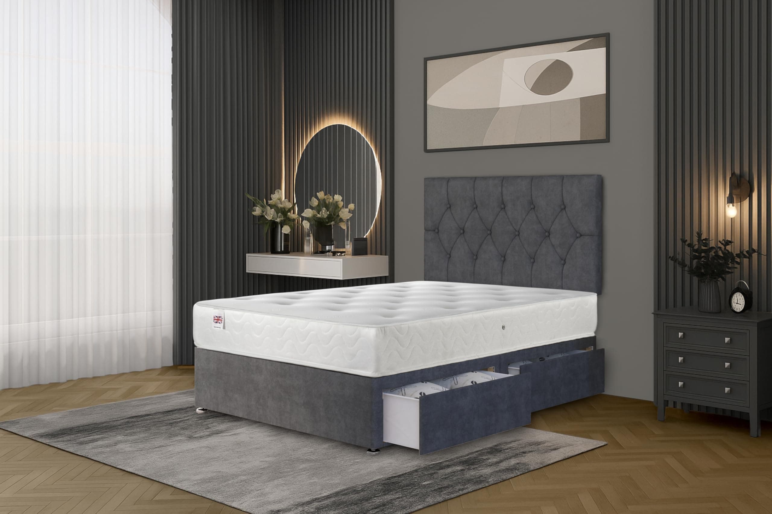 Ziggy Grey Plush Single Divan Bed Set with 24 cm Sprung Memory Foam Mattress, 2 Same‑Side Drawers & Headboard – Space‑Saving Storage for Small Rooms (90×190 cm) | UK Made