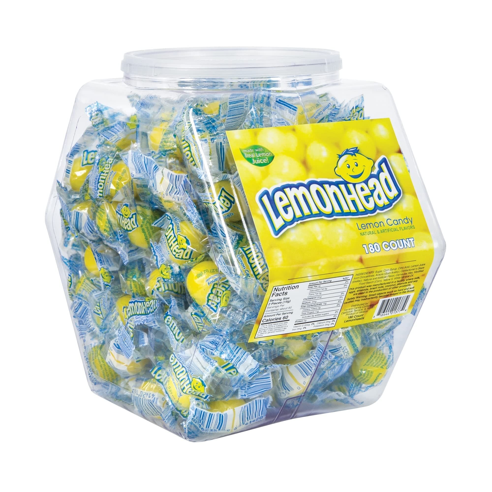 Candy Bulk Pack, 180 Pieces | Individually Wrapped Lemon Flavored Hard Candies in Reusable Plastic Tub | Fat Free and Gluten Free Snacks, 180 Count (Pack of 1)