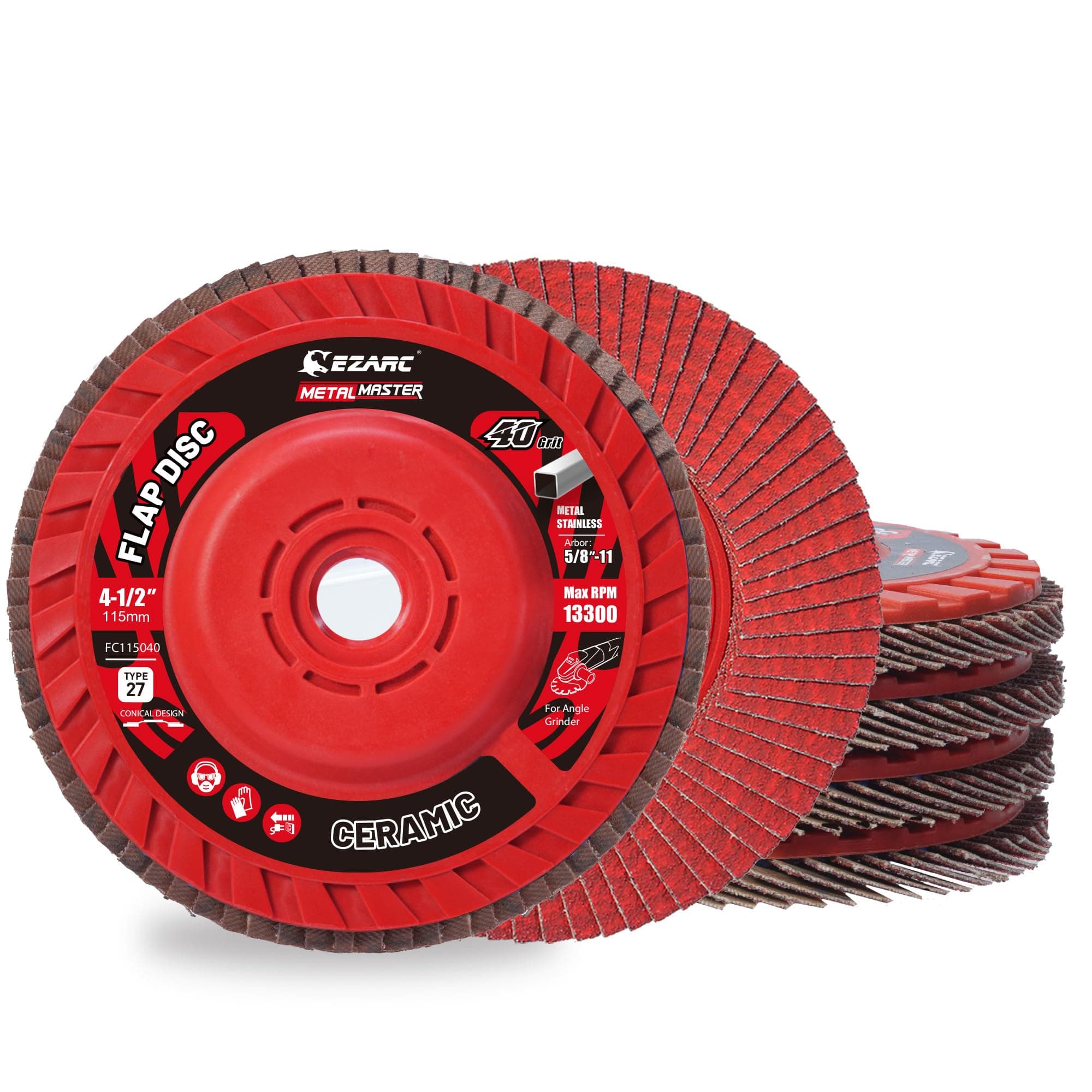 EZARC Flap Discs 40 Grit, 4-1/2" x 7/8" Ceramic Grain Flap Sanding Disc, Type 27 Heavy Duty Abrasive Trimmable Grinding Wheel Finishing for Stainless Steel, Sheet Metal (5 Pack)