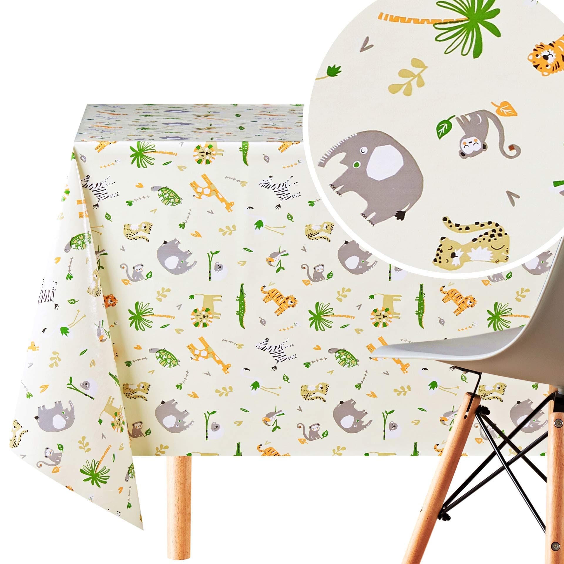 KP HOME PVC Wipe Clean Table Cloth Rectangular 300x140 cm / 118x55 In - Wipeable Tablecloth up to 10 Seats - Children - Kids Waterproof Vinyl Oilcloth Light Cream Colour with Safari Animals